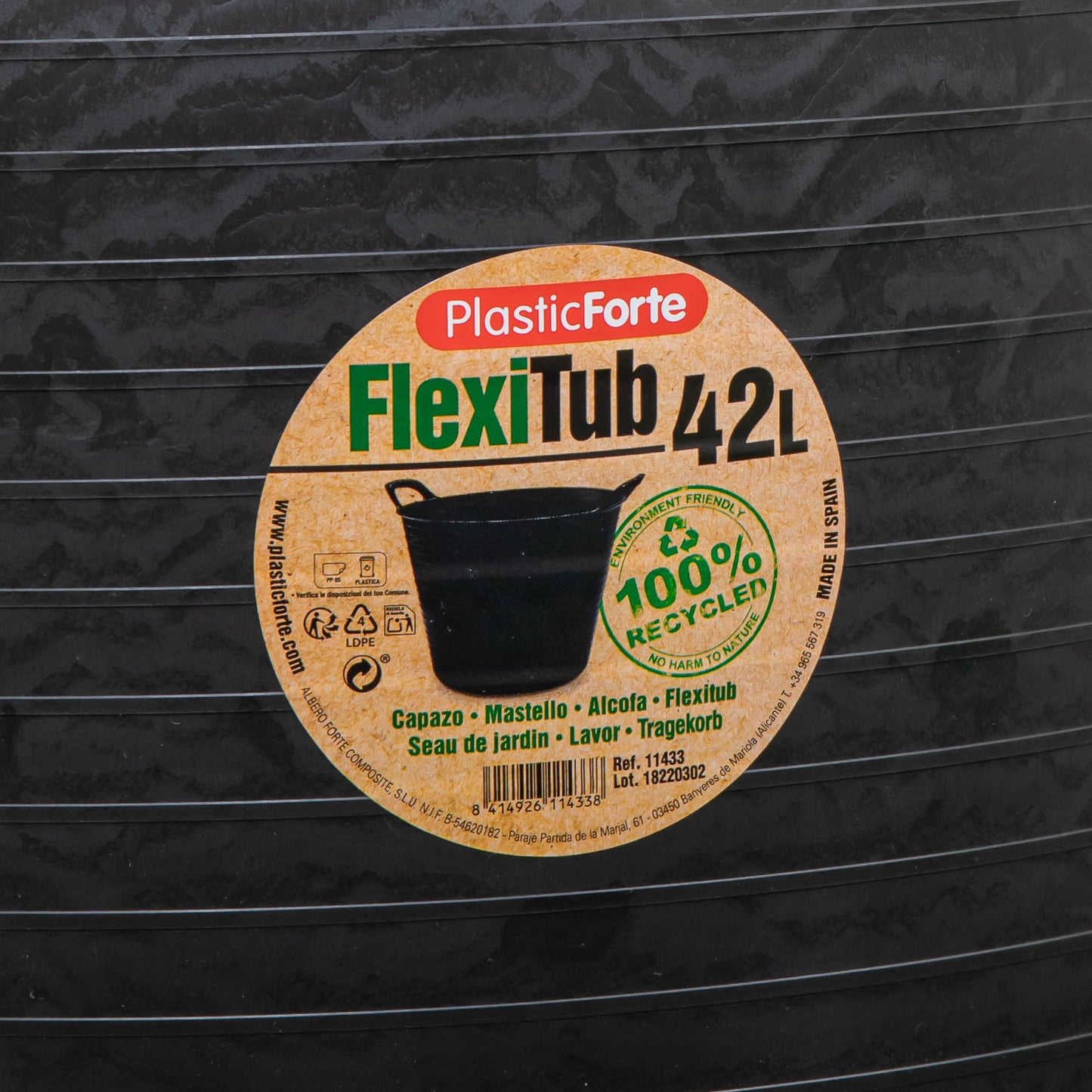 38 x 45cm Large Black Plastic Tub Bucket with 42 Litre Capacity & Carry Handles