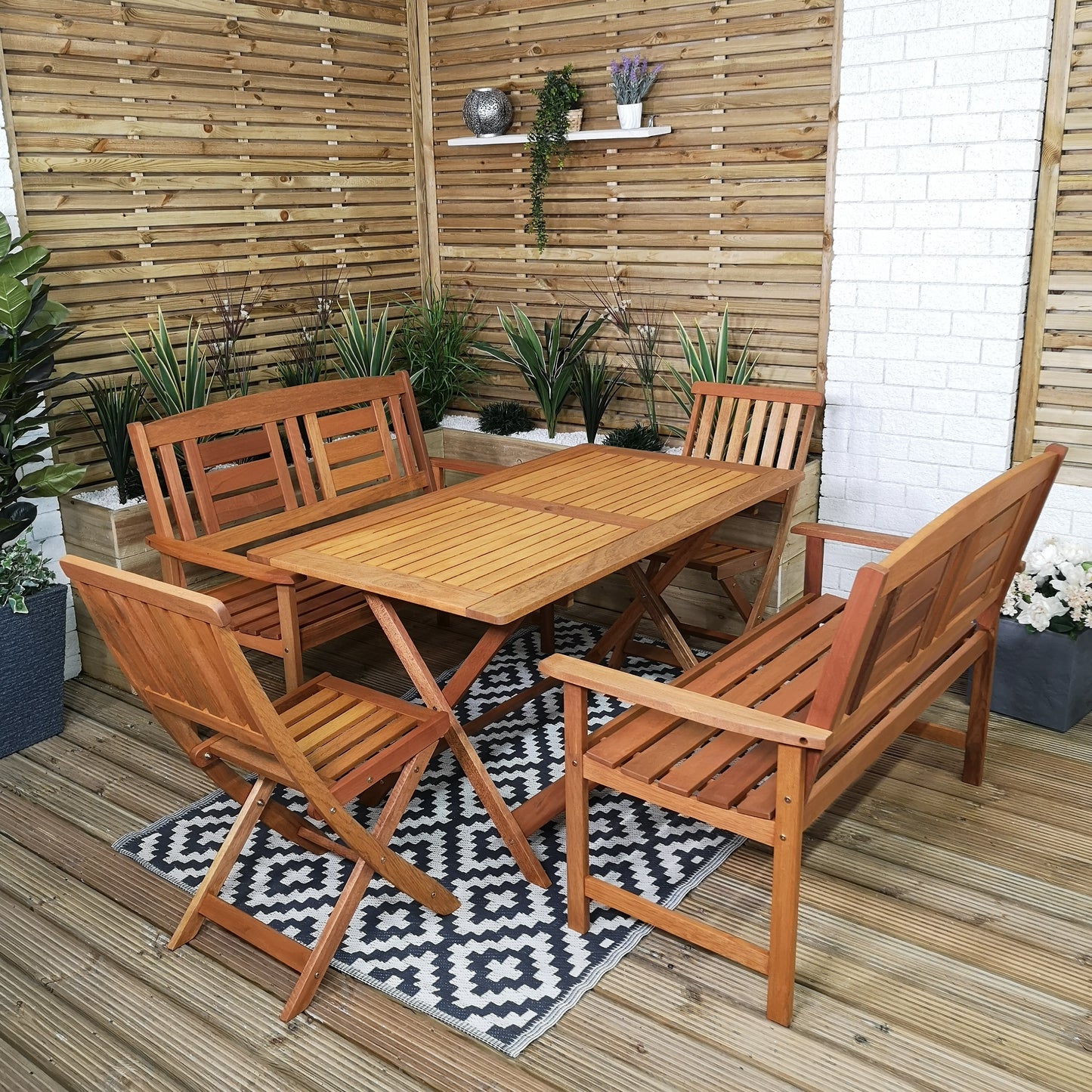 Outdoor 6 Person Folding Rectangular Wooden Garden Dining Table Chairs and 2 Benches Set
