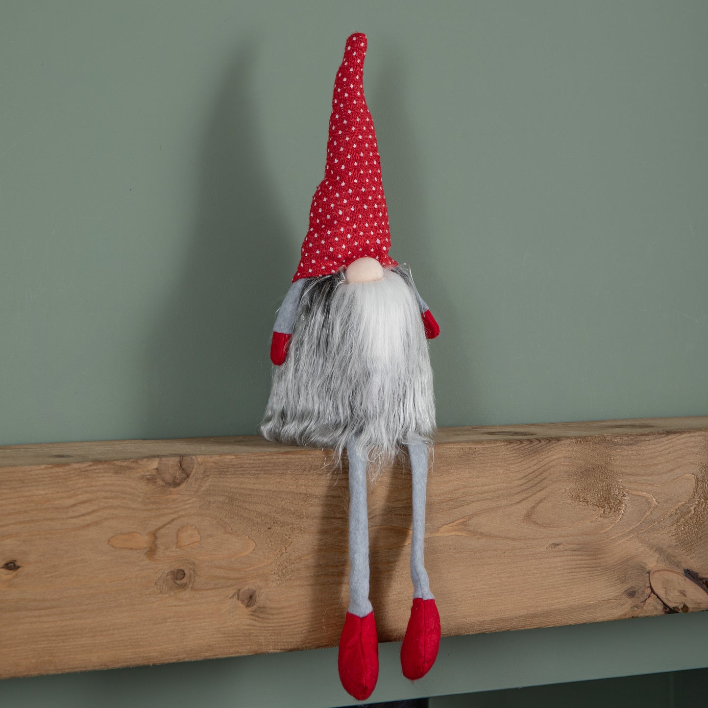 54cm Grey Haired Christmas Gonk with Dangly Legs in Dotted Hat