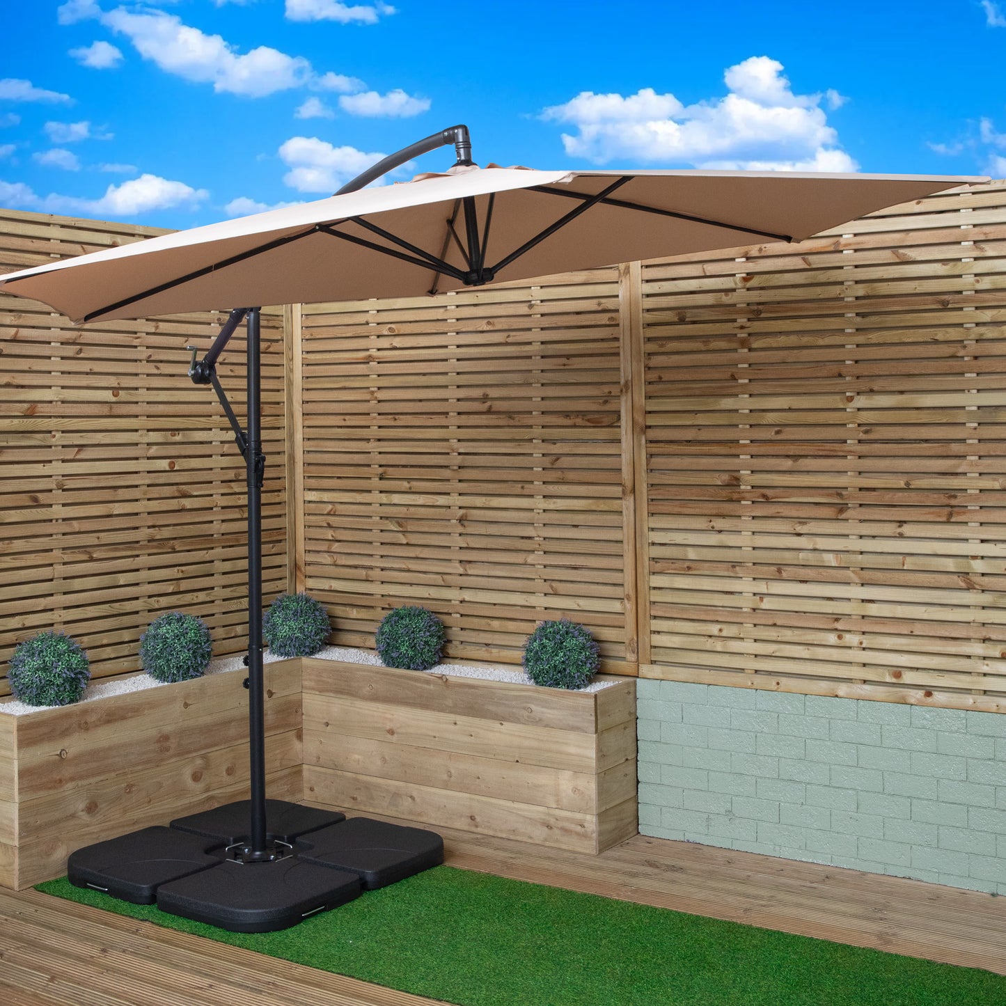 3m Cantilever Banana Garden Parasol in Beige with Crank Handle and Parasol Base Weights Included