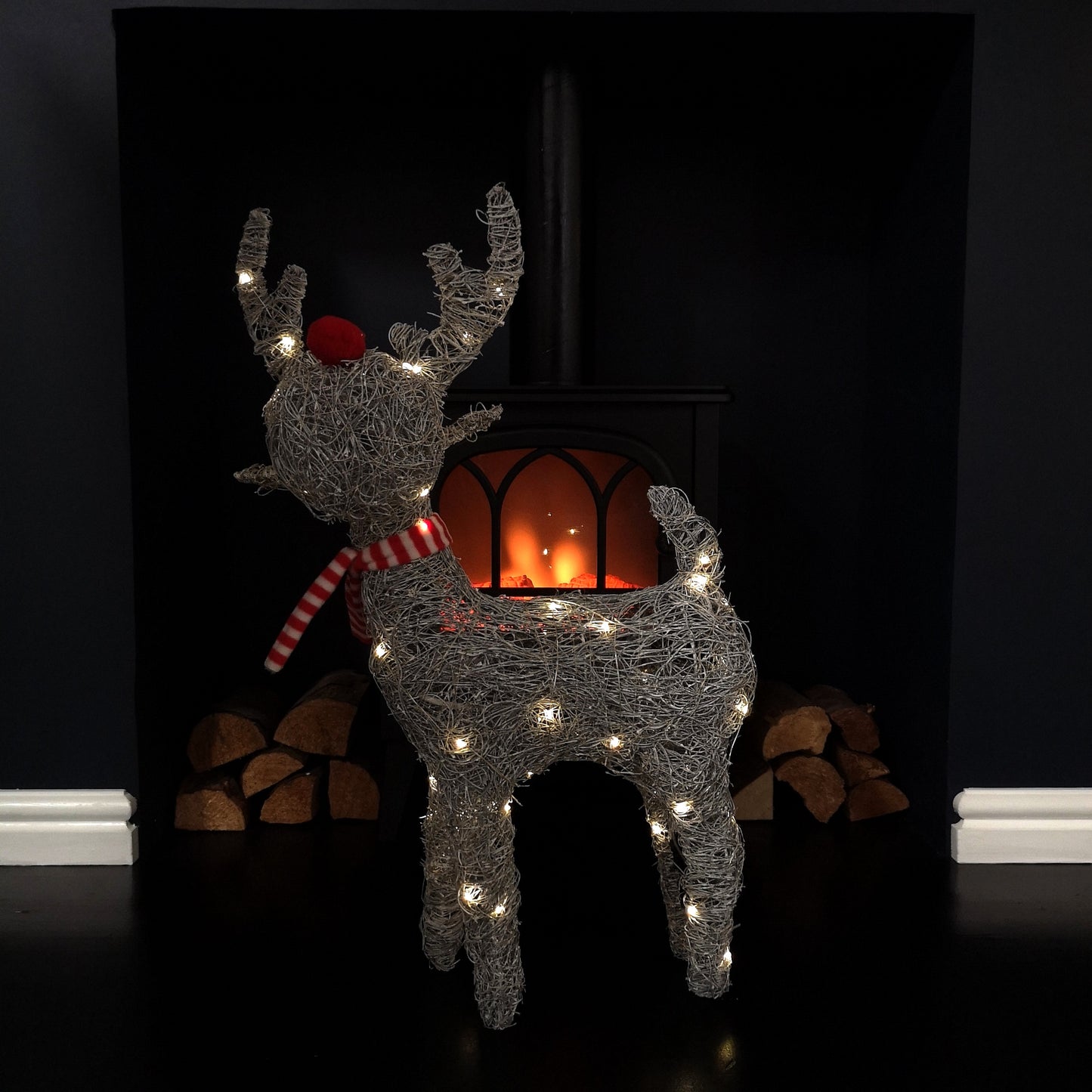 66cm Battery Operated Rattan Woven Cupid Reindeer with Warm White LEDs