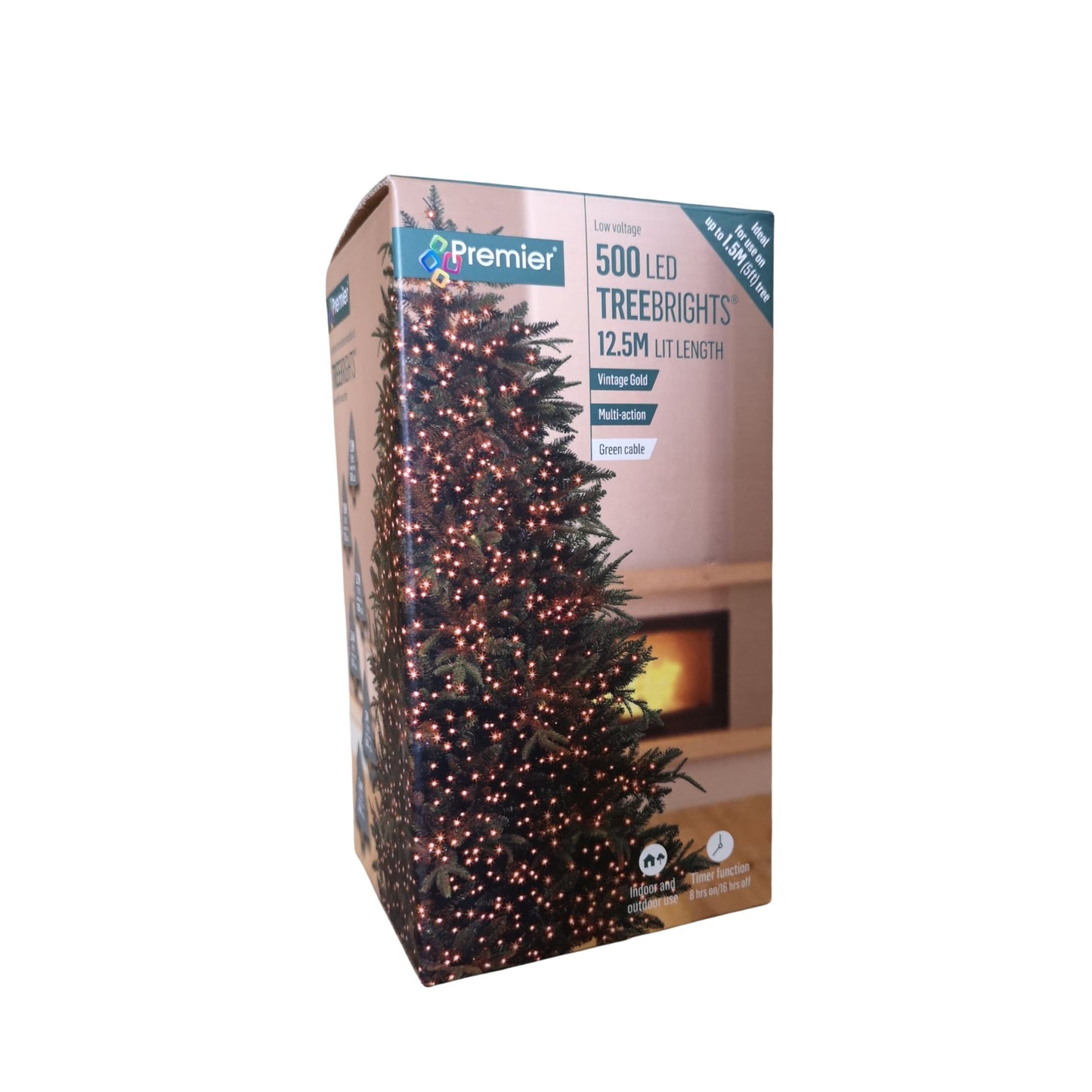 500 LED 12.5m Premier TreeBrights Indoor Outdoor Christmas Multi Function Mains Operated String Lights with Timer in Vintage Gold