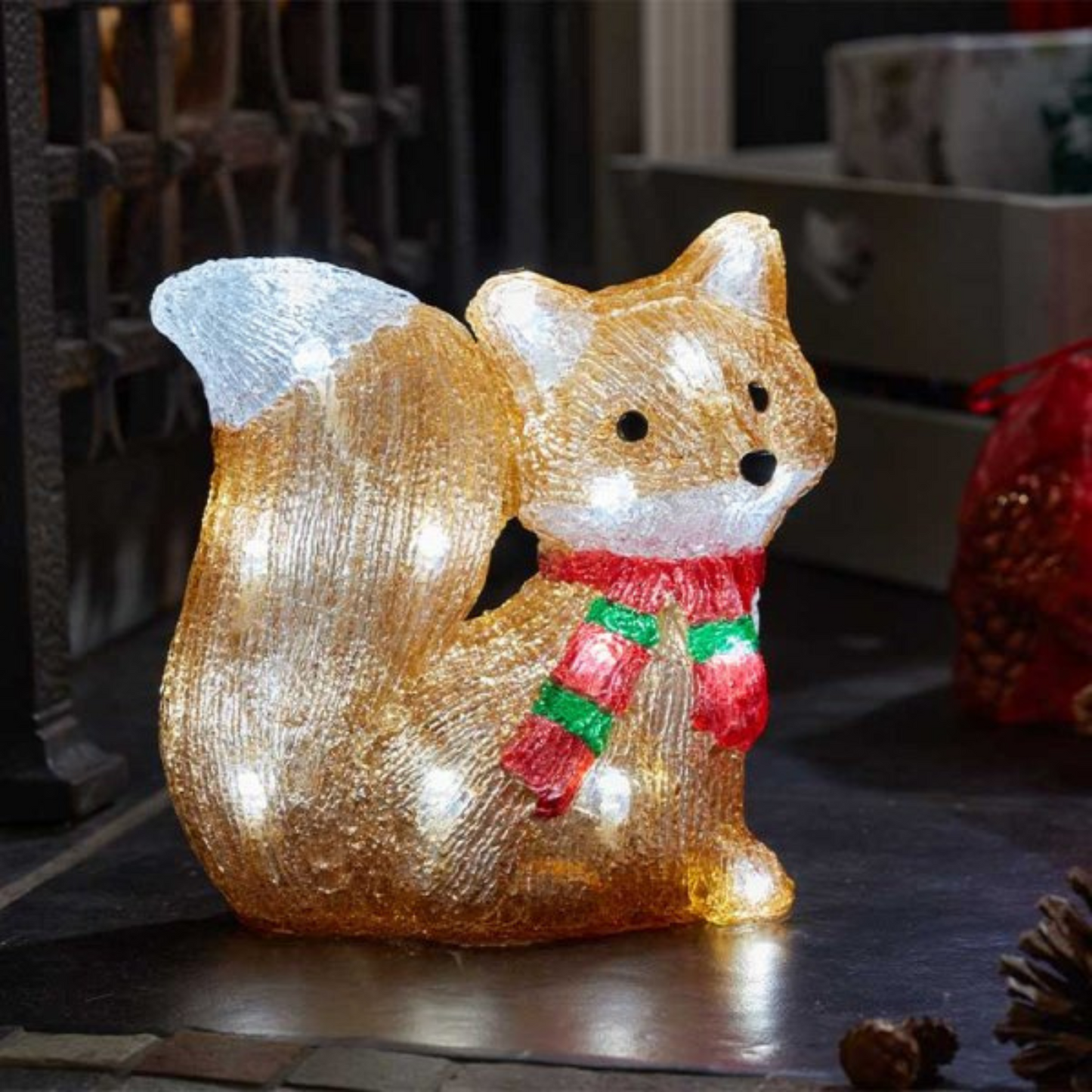 19cm Battery Operated Light up Christmas Ice Fox with 24 Cool White LEDs