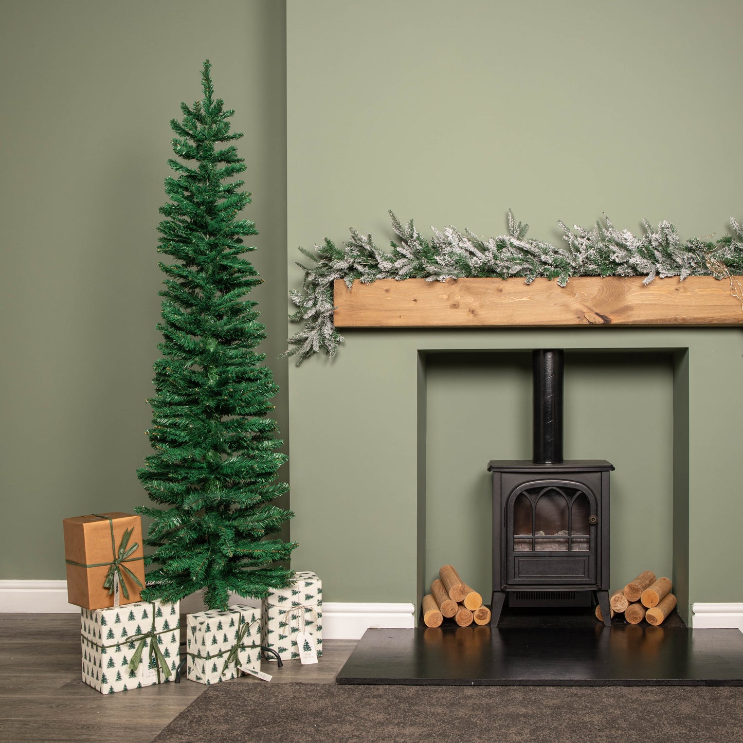 Factory Seconds: 6ft (1.8m) Green Artificial Pencil Christmas Tree With Green Metal Stand and 321 Tips