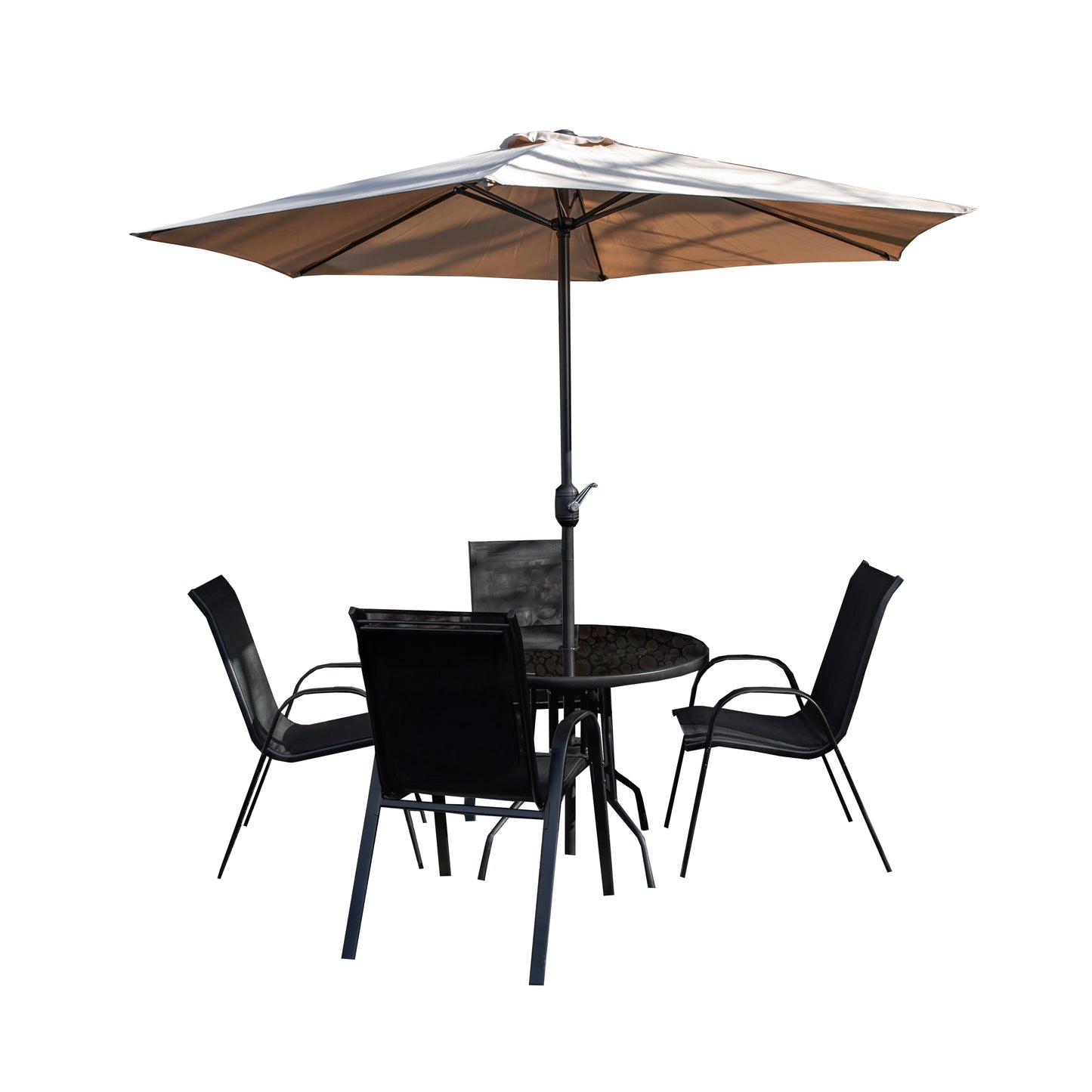 Outdoor 4 Person Round Glass Top Garden Dining Table Chairs With Beige Parasol and Base Set