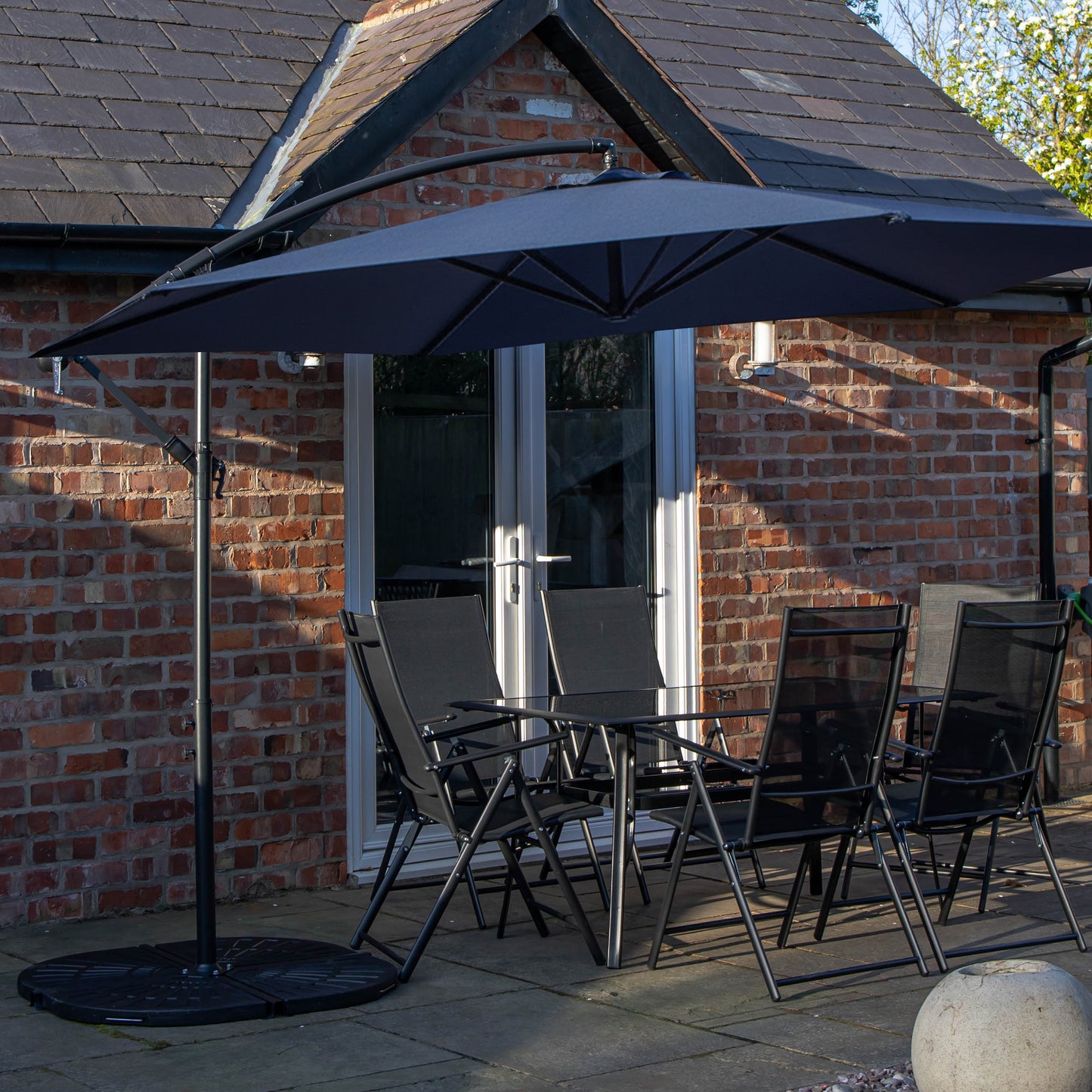 Outdoor 6 Person Rectangular Glass Top Garden Dining Table Chairs With Blue Banana Parasol and Base Set