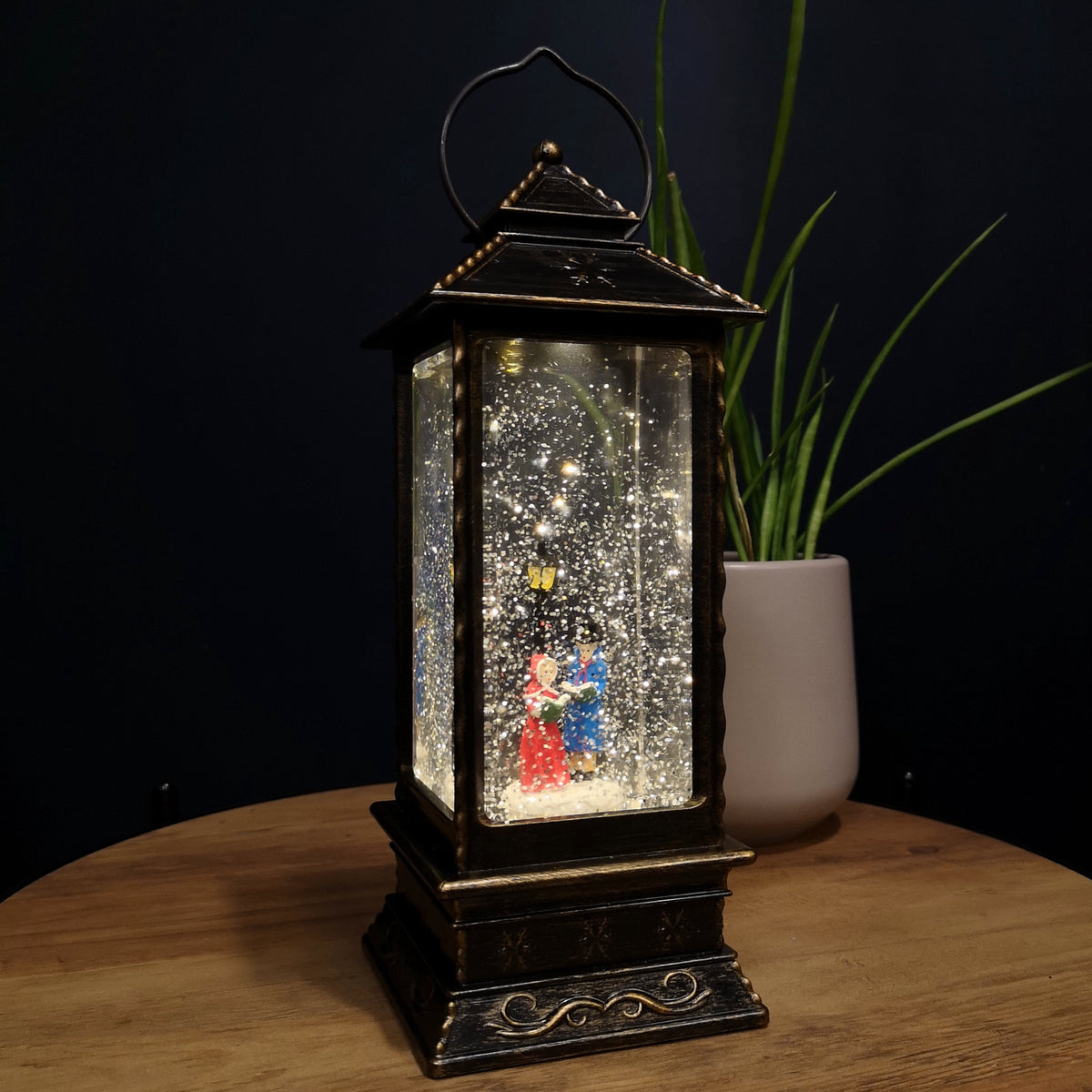 27cm Dual Power Light up Christmas Glitter Water Spinner Rustic Lantern Carol Singing Scene with LEDs