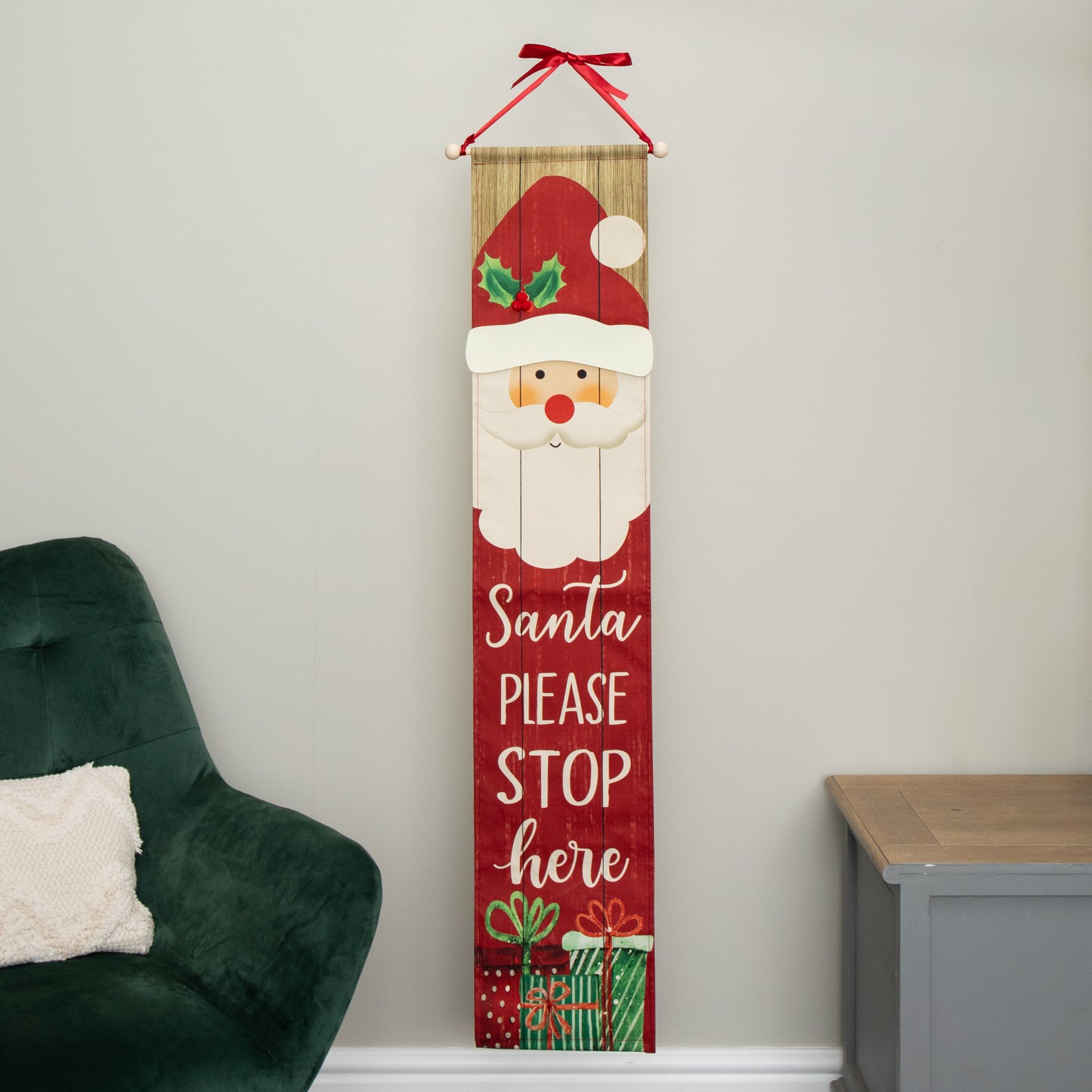 1.2m Battery Operated Light up Hanging Christmas Santa Stop Here Fabric Banner with LEDs