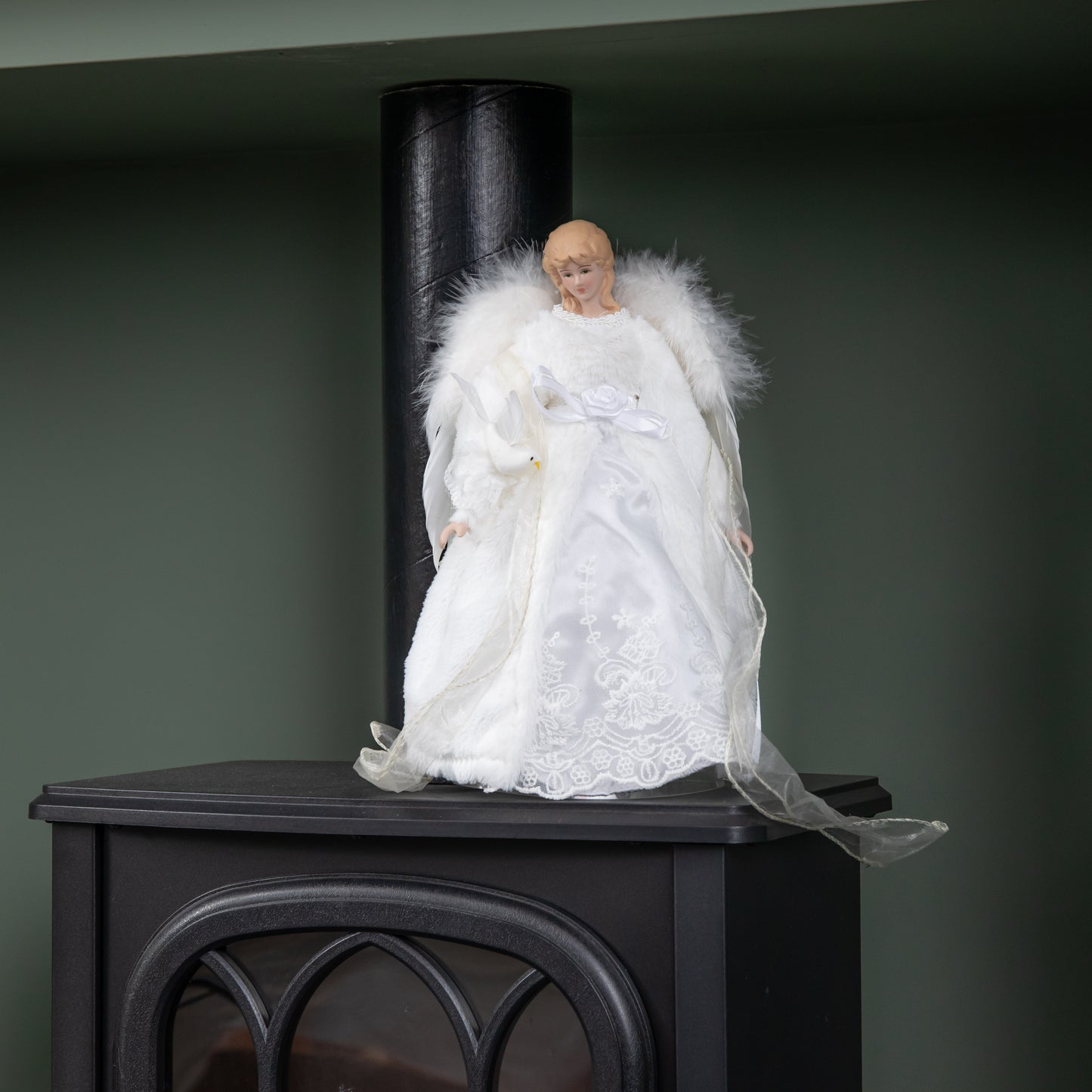 30cm Angel Holding Dove Christmas Tree Topper in White