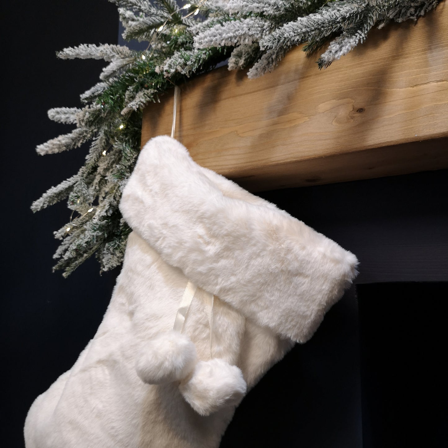 50cm Winter White Faux Fur Hanging Christmas Stocking with Pom Poms