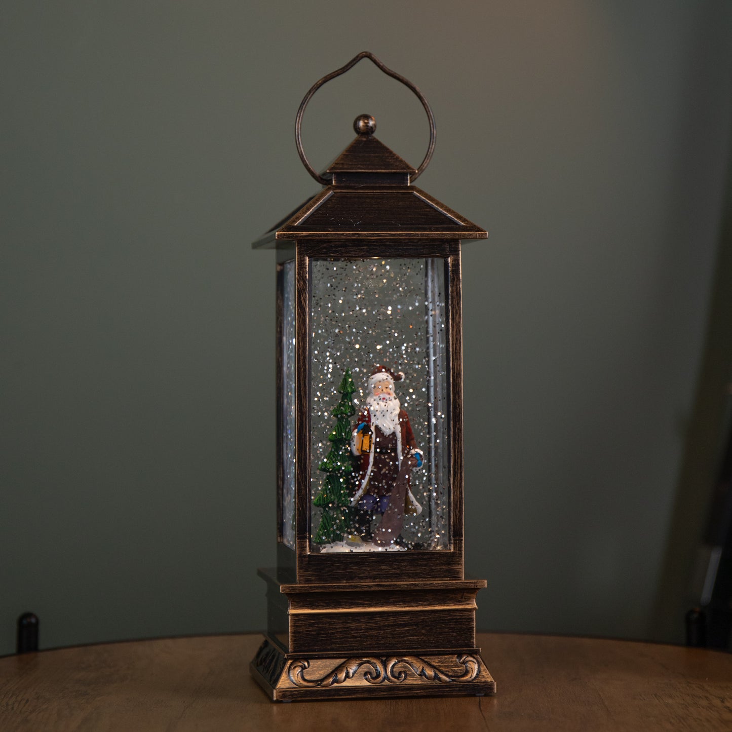 27cm Battery Operated Light up Bronze Christmas Water Spinner with Santa Scene & LEDs