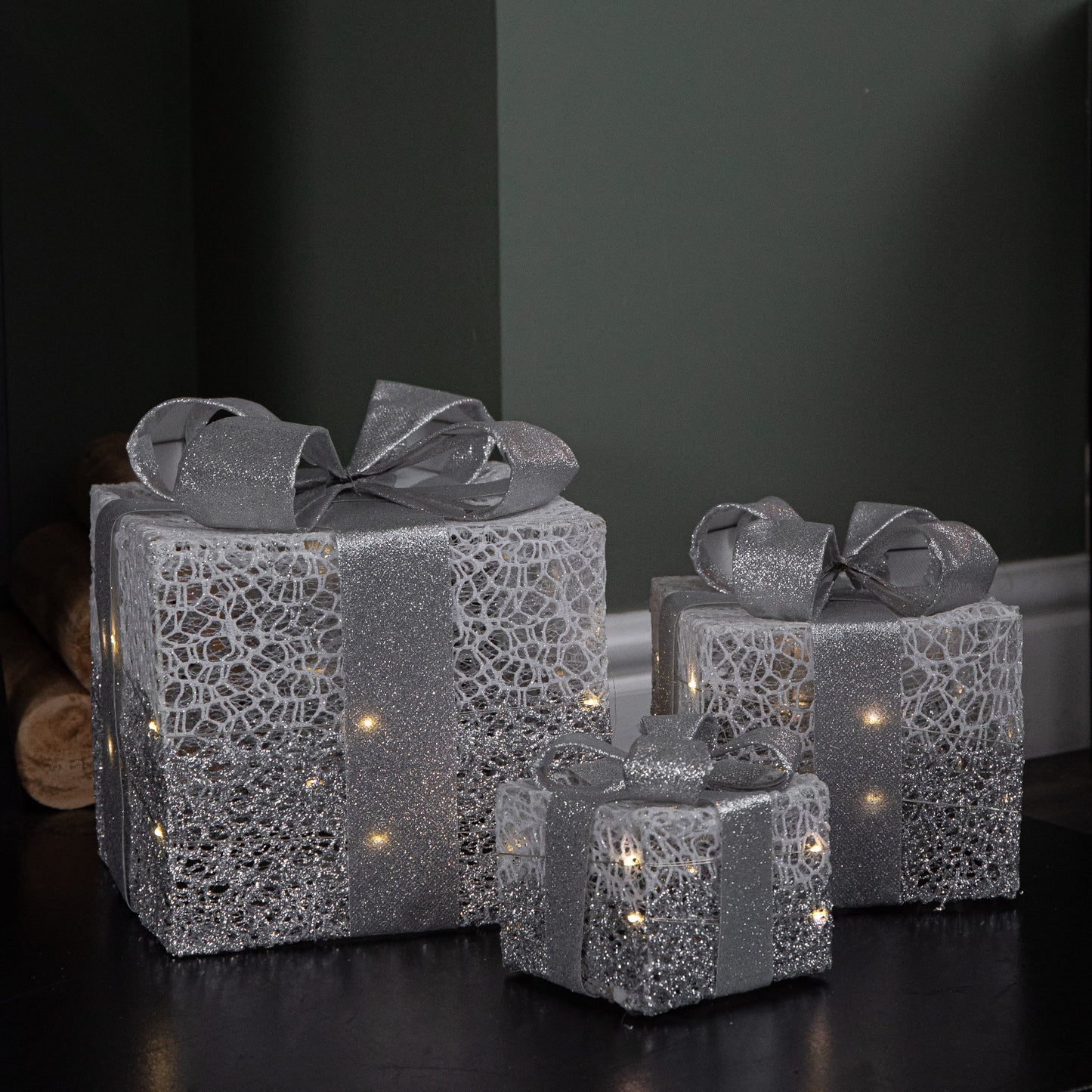 Set of 3 Battery Operated Silver Sparkly Christmas Gift Boxes with LEDs