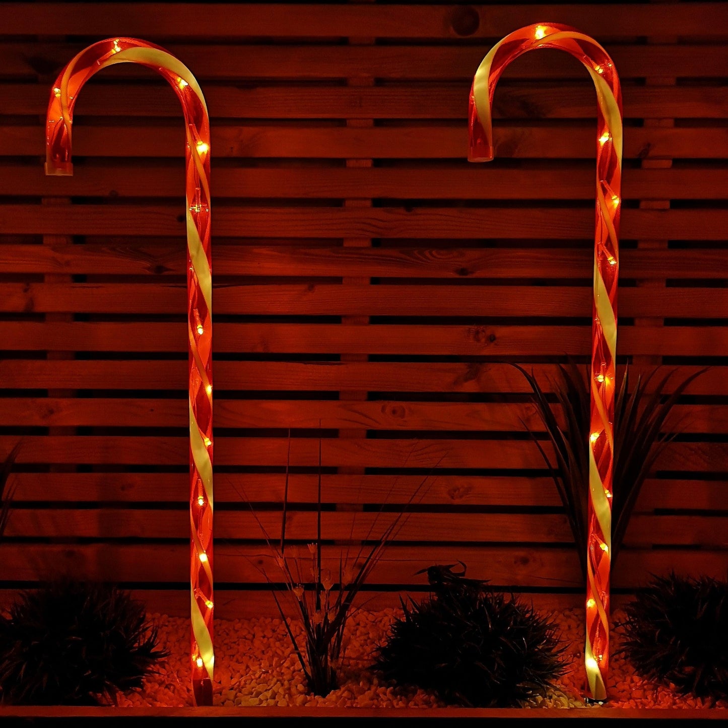 Set of 4 Large Light up Red & White Stripe Christmas Candy Cane Garden Stakes with LEDs