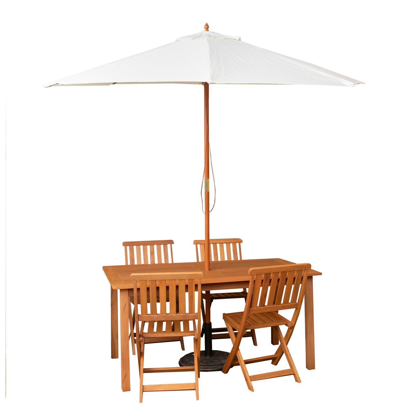Outdoor 4 Person Rectangular Wooden Garden Dining Table Chairs with Cream Parasol and Base Set