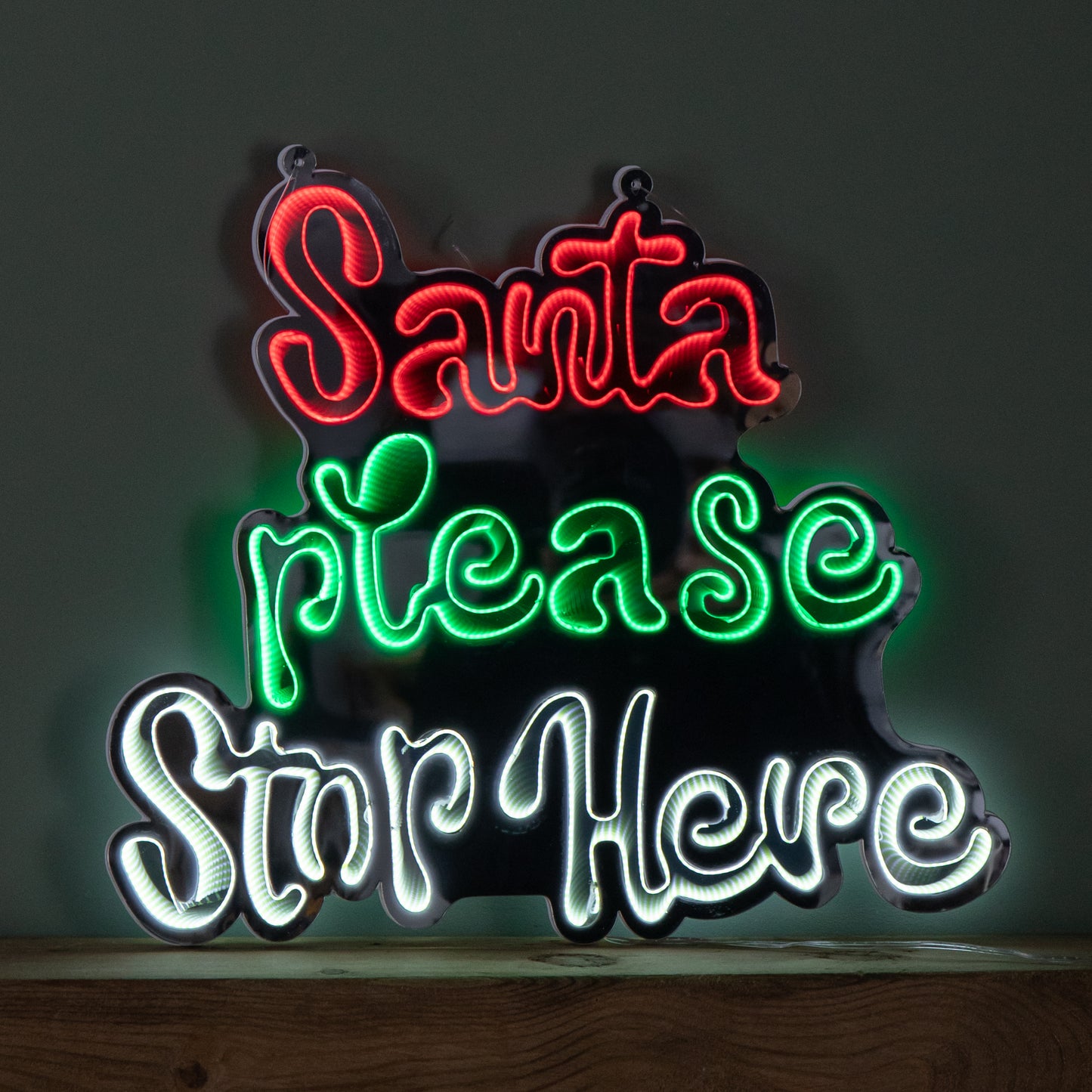 40cm Light up Hanging Santa Stop Here Christmas Infinity Mirror Light with Multi-Coloured LEDs