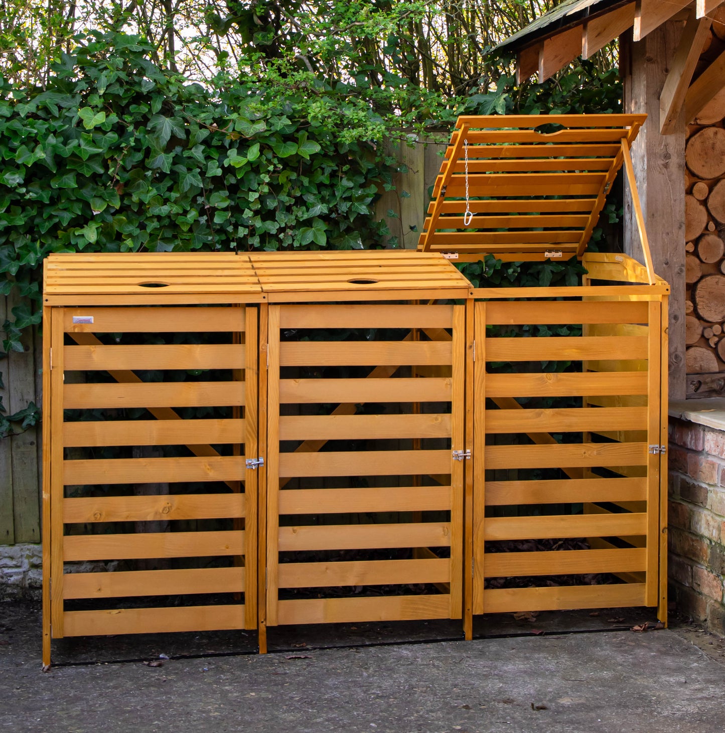1.99m x 1.25m Large Wooden Outdoor Garden Triple Wheelie Bin Store Storage for 3 Bins