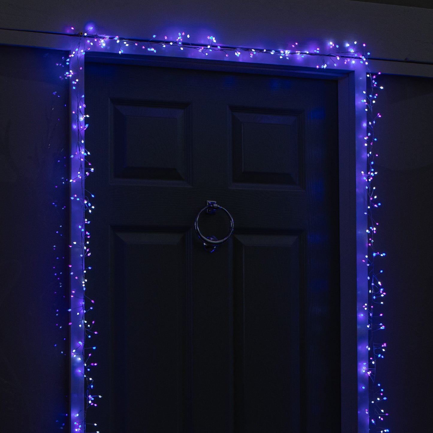 5.5m 800 LED UltraBrights Christmas Door Cluster Lights with Timer in Blue, Purple & White on Silver Wire