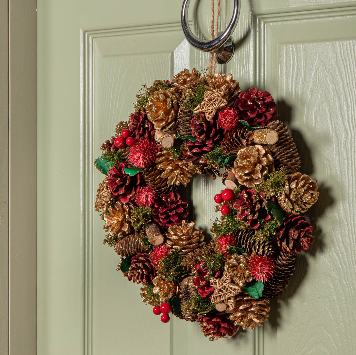 36cm Red Hanging Christmas Wreath with Red Berries and Pinecones