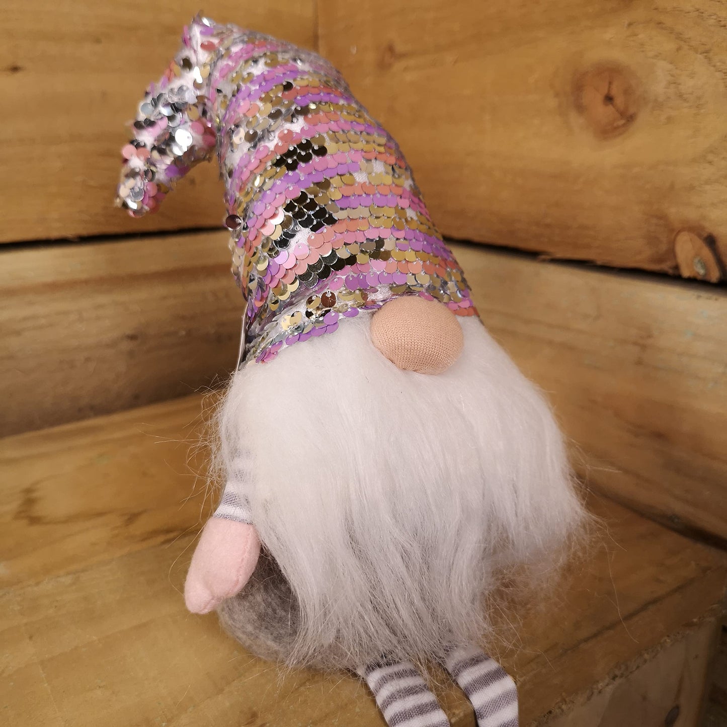49cm Festive Christmas Sitting Gonk with Dangly Legs & Sequin Hat in Pink & Grey