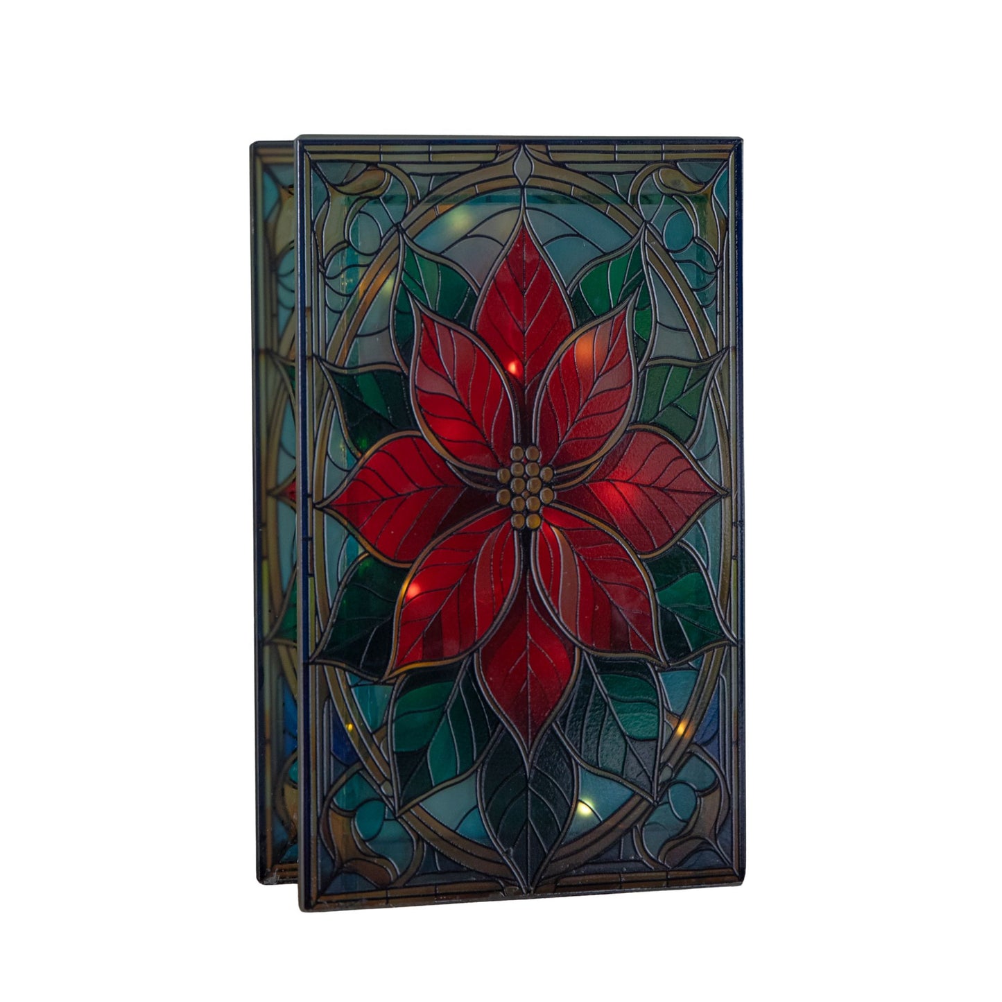21cm Battery Operated Light up Double Sided Stained Glass Poinsettia Decoration with LEDs