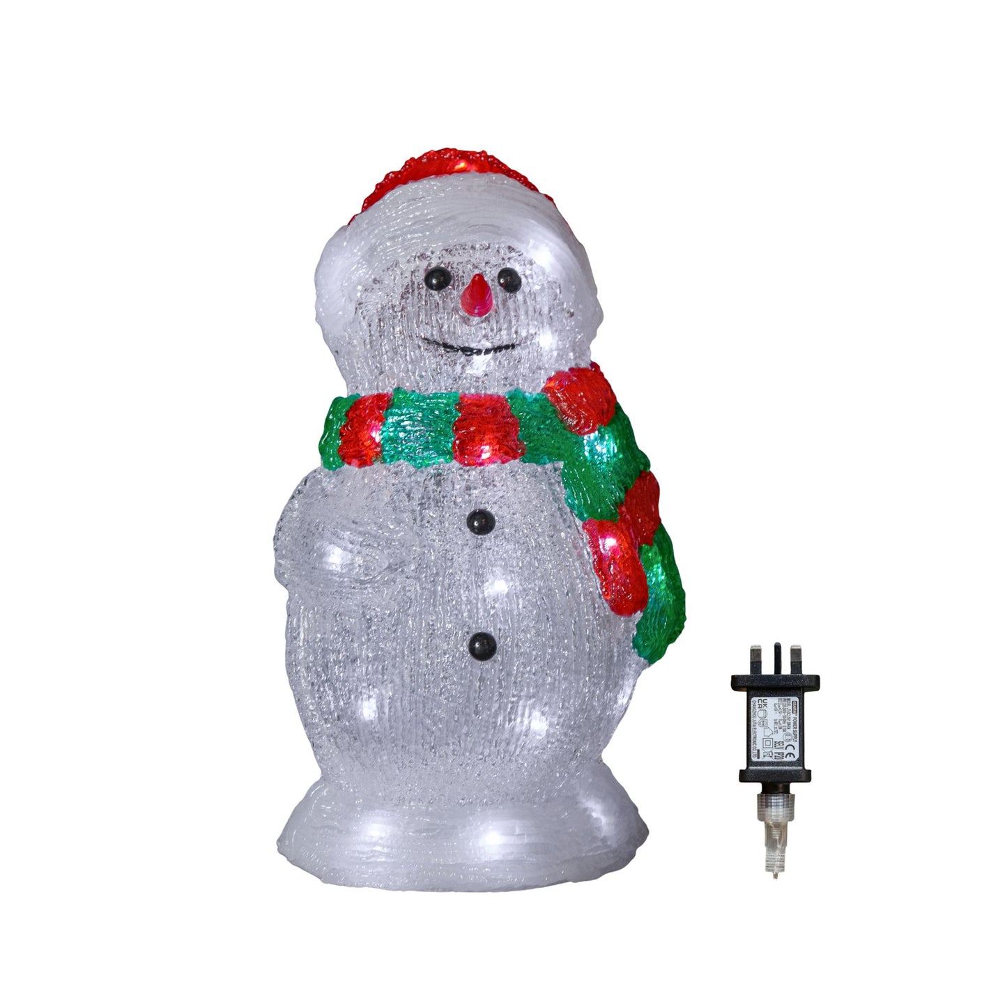 30cm Light up Acrylic Christmas Snowman in Red and Green Scarf with White LEDs