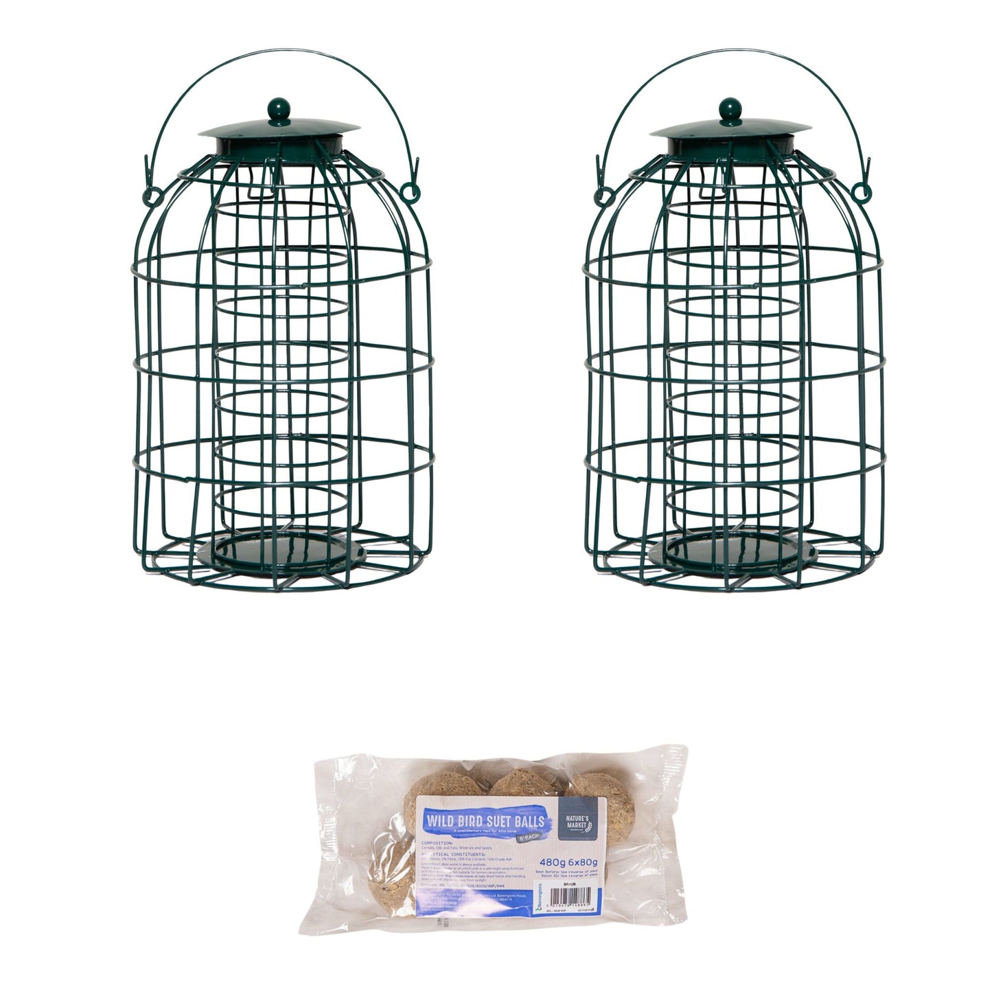 Pack of 2 Samuel Alexander Metal Hanging Bird Fat Ball Feeder with Squirrel Guard & Pack of 6 Suet Fat Balls