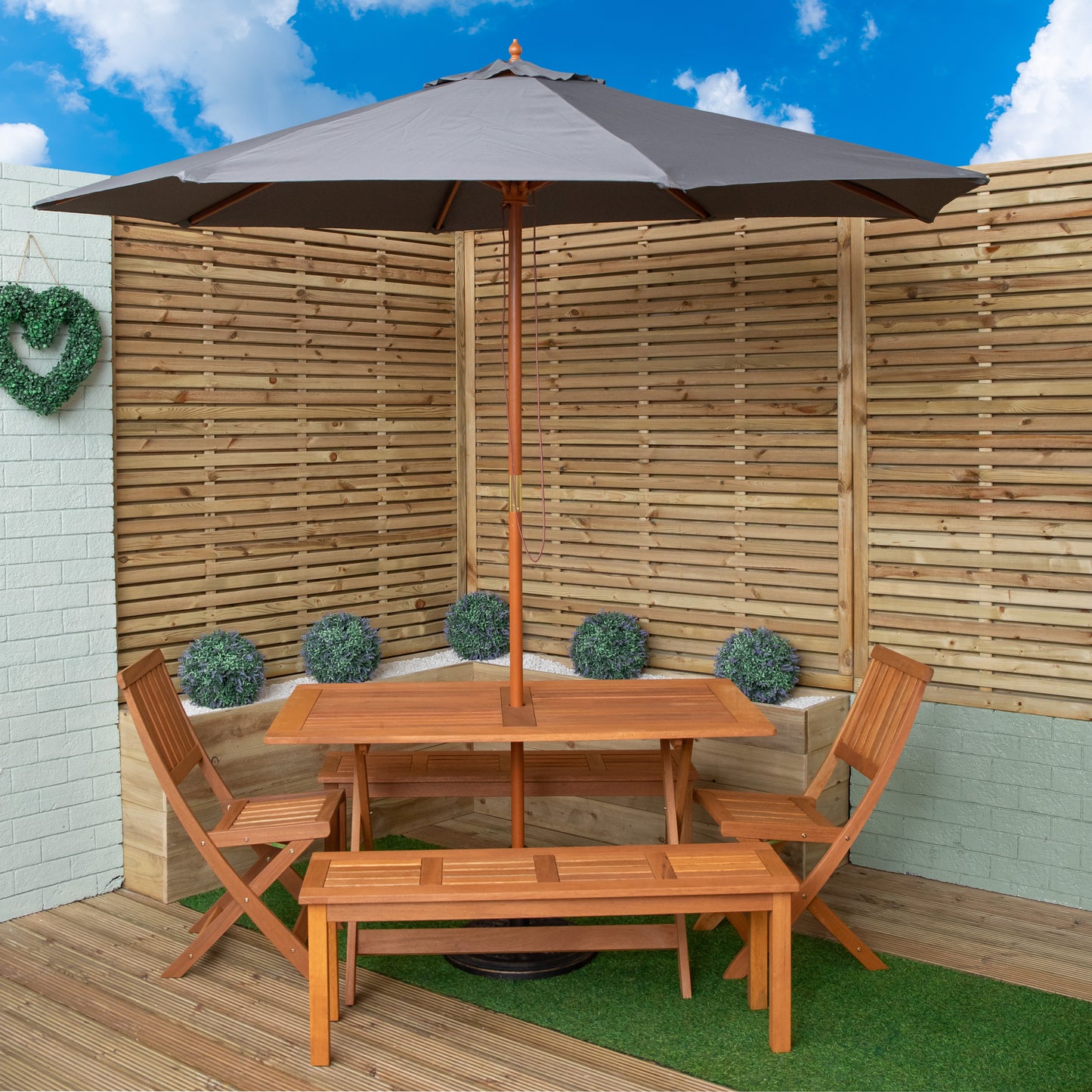 Outdoor 6 Person Rectangular Wooden Garden Dining Table, 2 Benches, Chairs with Grey Parasol and Base Set