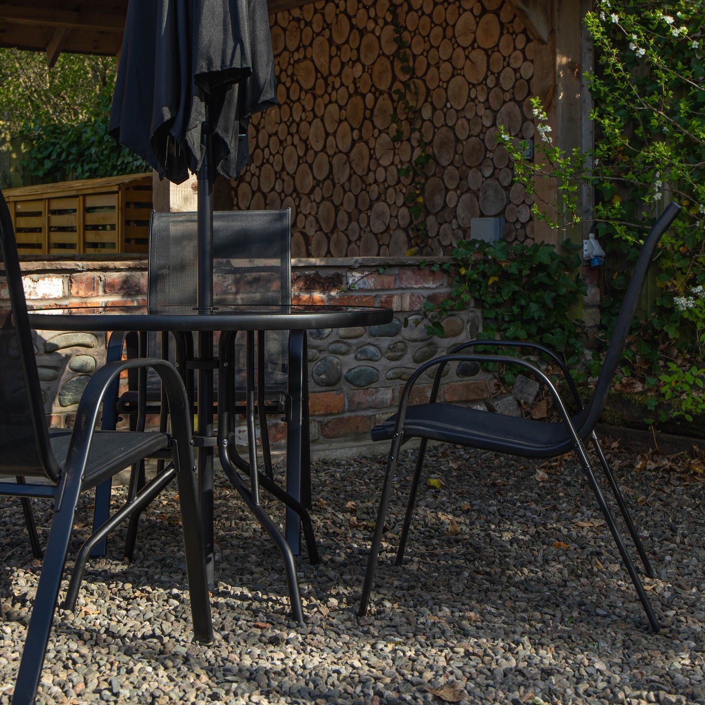Outdoor 4 Person Round Glass Top Garden Dining Table Chairs With Black Parasol and Base Set