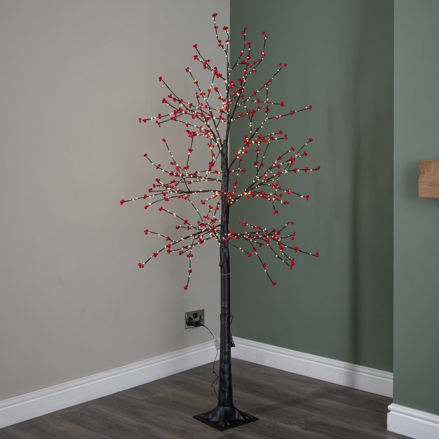 6ft (1.8m) Light up Black Christmas Twig Tree with Red Berries & Warm White LEDs