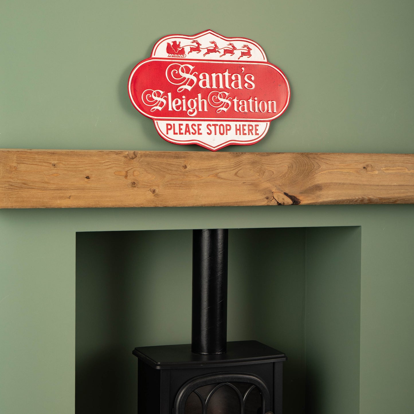 51cm Red and White Metal Christmas Santa Sleigh Station Sign