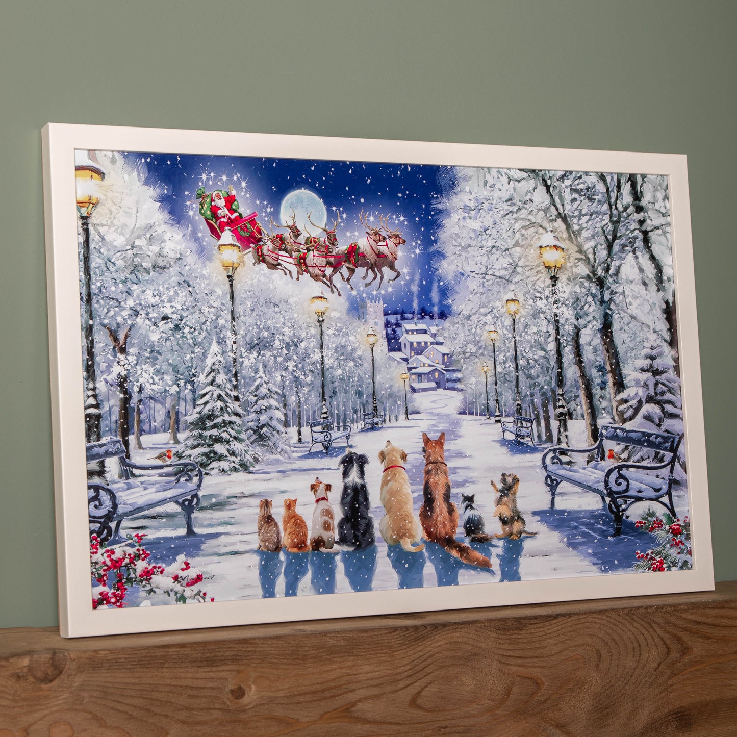 40 x 60cm Battery Operated Light up Christmas Canvas with Cats and Dogs Scene
