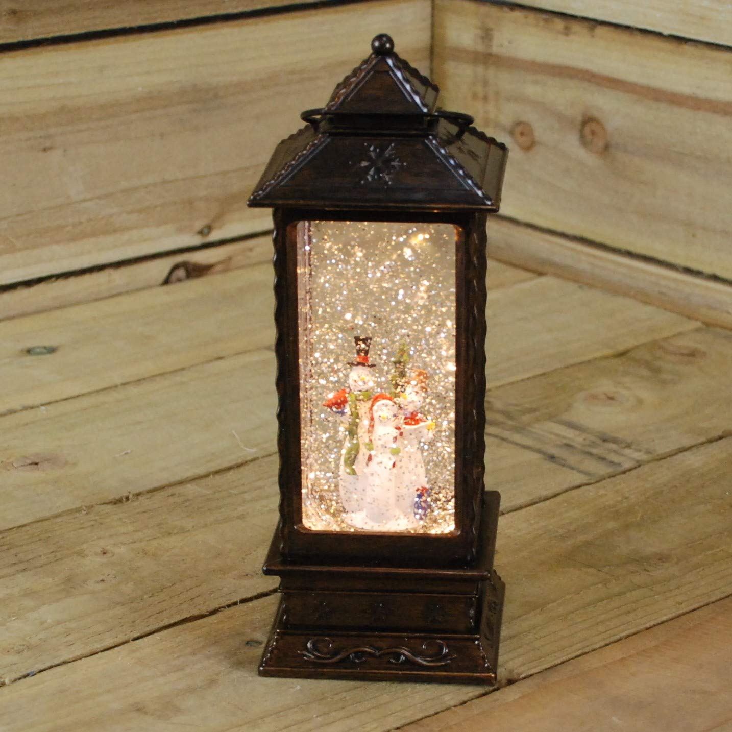 27cm Dual Power LED Christmas Glitter Water Spinner Rustic Lantern Snowman Scene