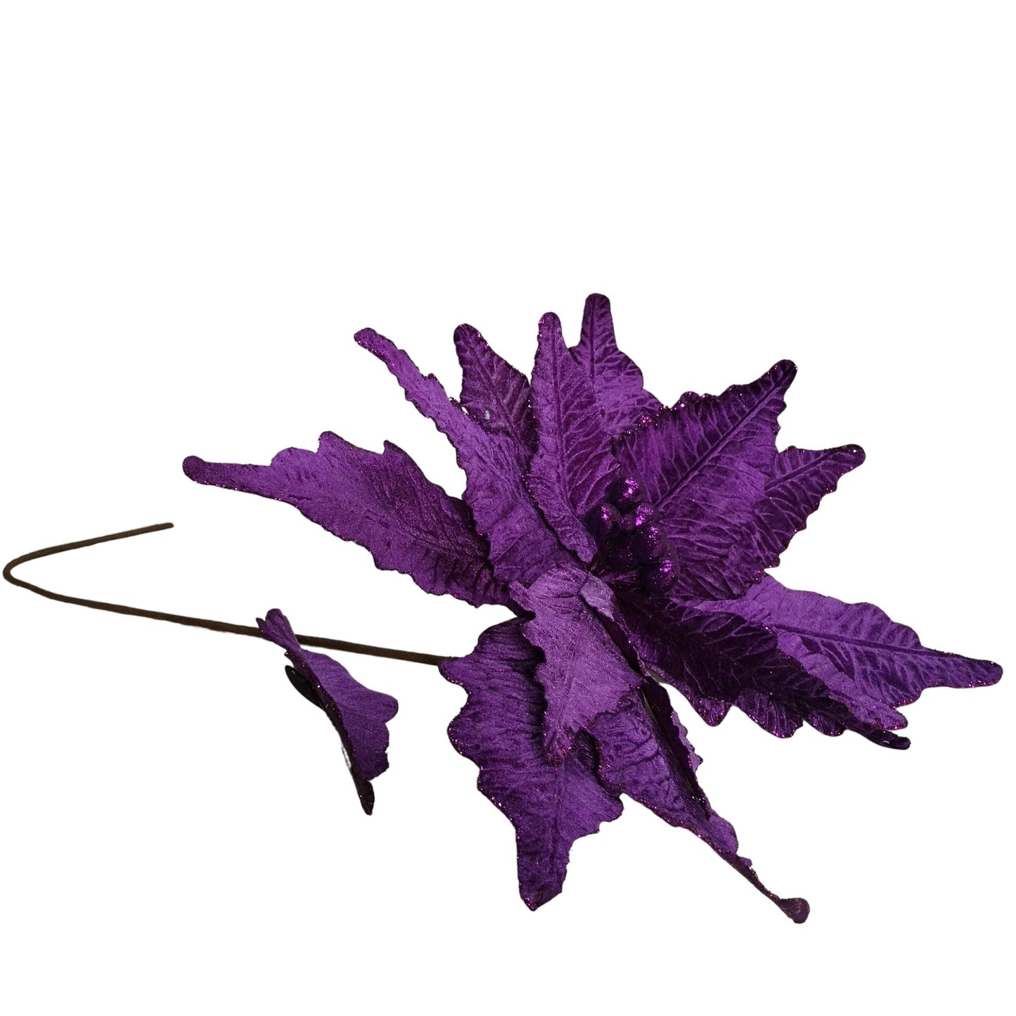 76cm Purple Velvet Poinsettia Stem with Glitter Christmas Decoration