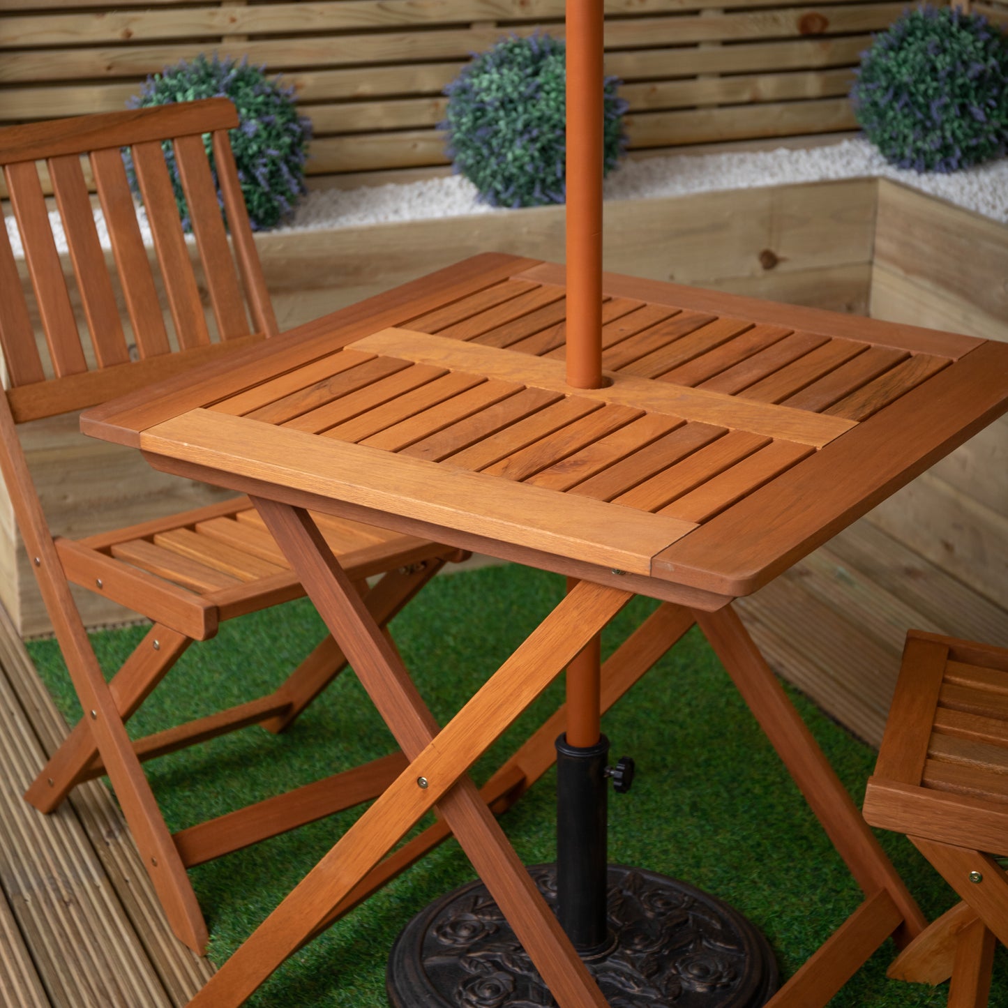 Outdoor 2 Person Folding Wooden Garden Dining Table Chairs Grey Parasol and Base Set
