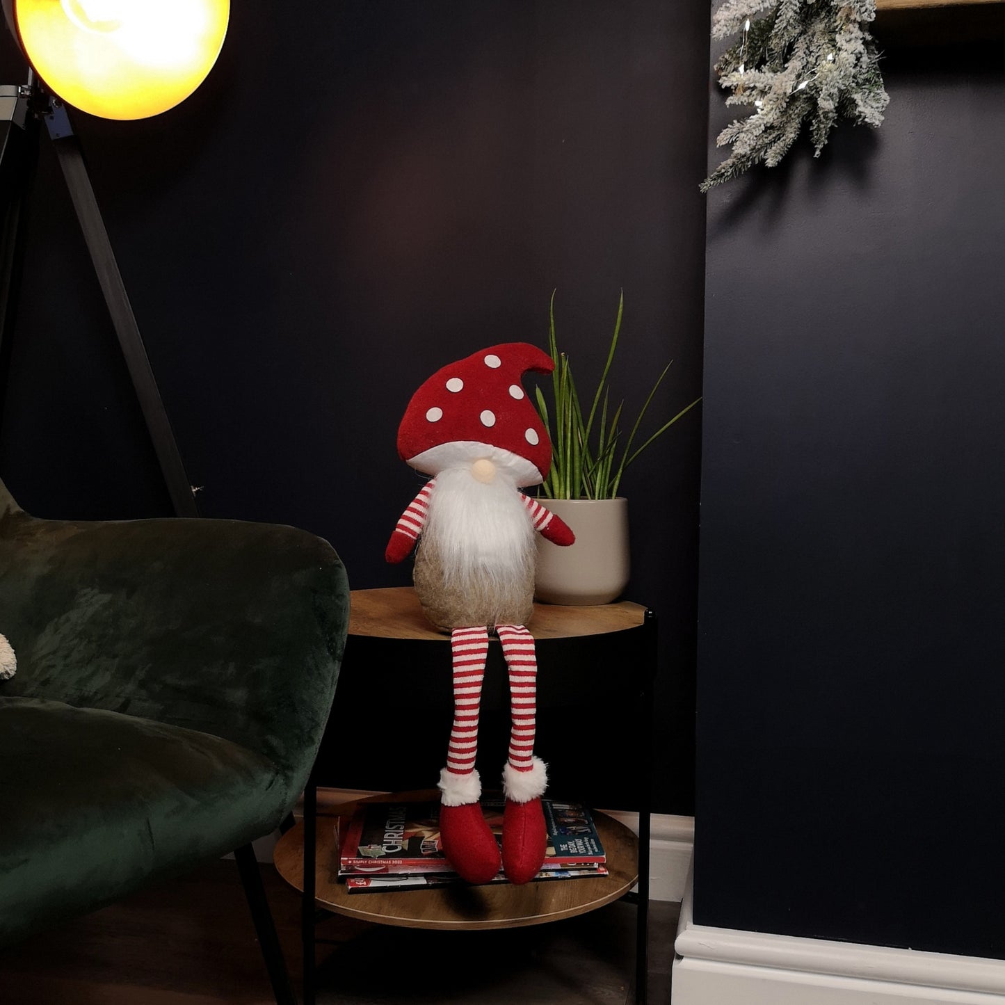 53cm Stripey Red Plush Sitting Christmas Boy Gonk with Dangly Legs and Mushroom Hat