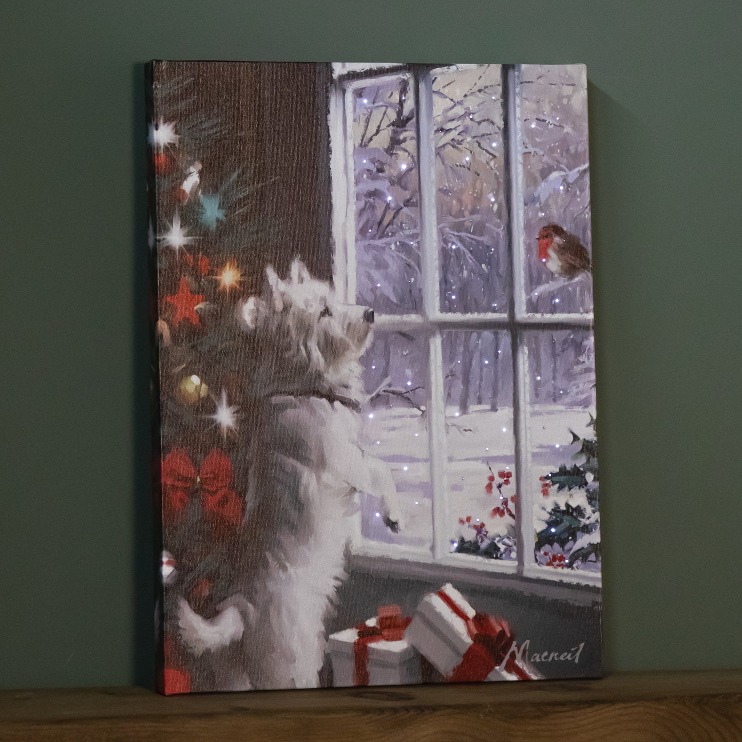 40cm x 30cm Battery Operated Light up Fibre Optic Christmas Dog & Robin Wall Art