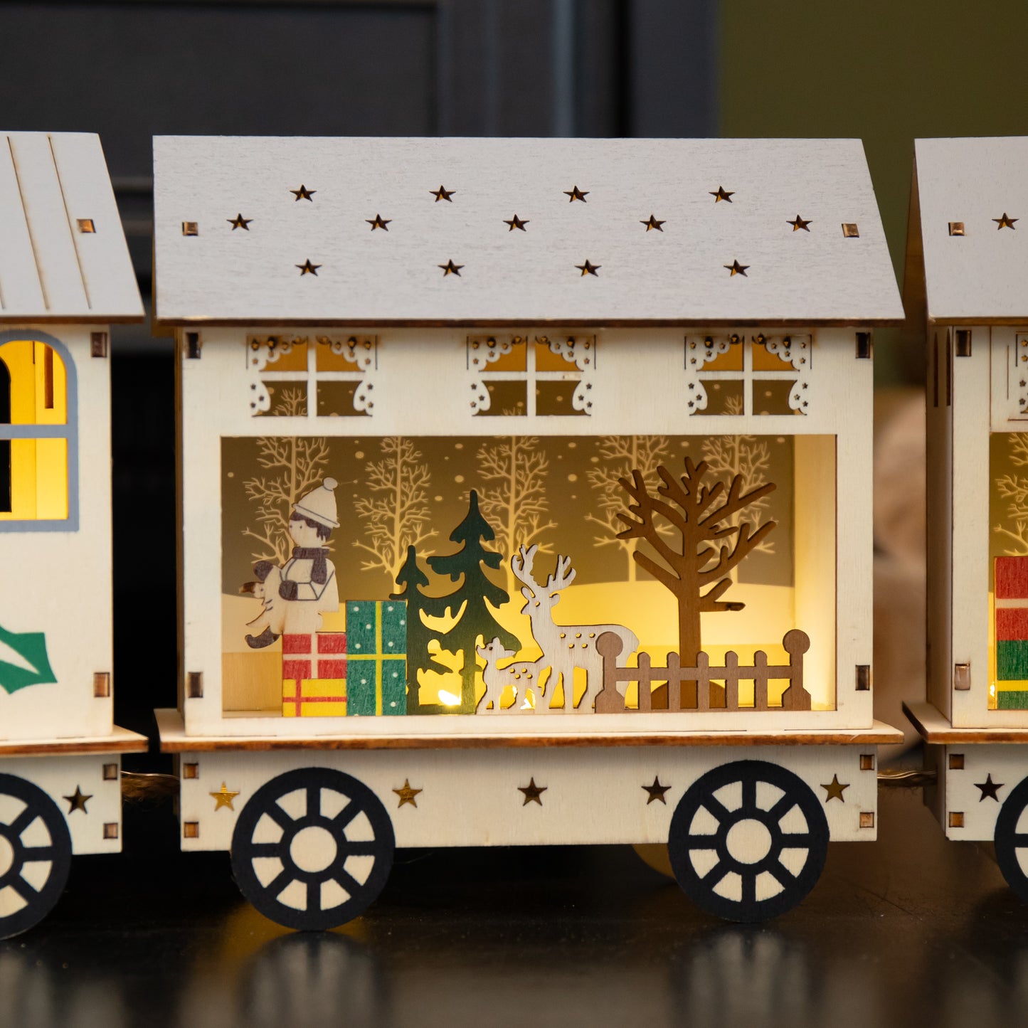 16cm LED Battery Operated Indoor Wooden Christmas Train & Carriages Scene