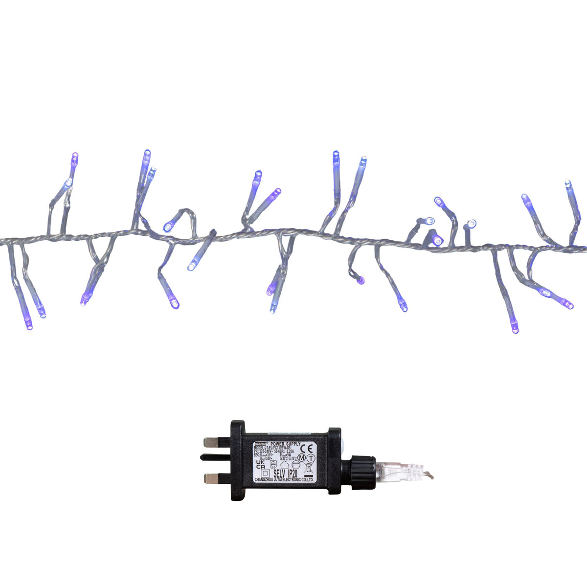 12.4m 960 LED Christmas Cluster Multi-Action String Lights with Timer in Blue, Purple & White on Clear Cable