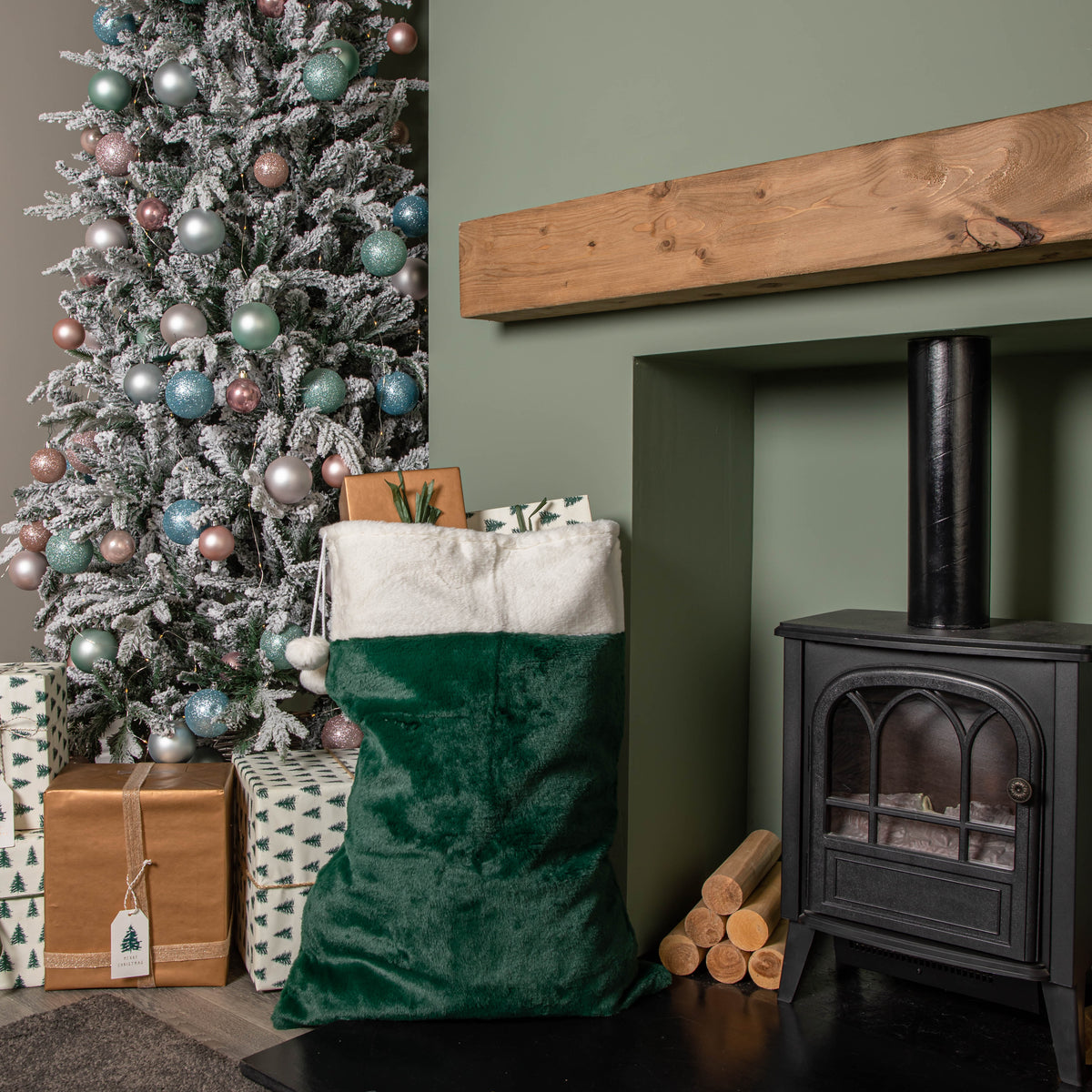 80x55cm Green Christmas Sack with White Cuff and Pom Poms
