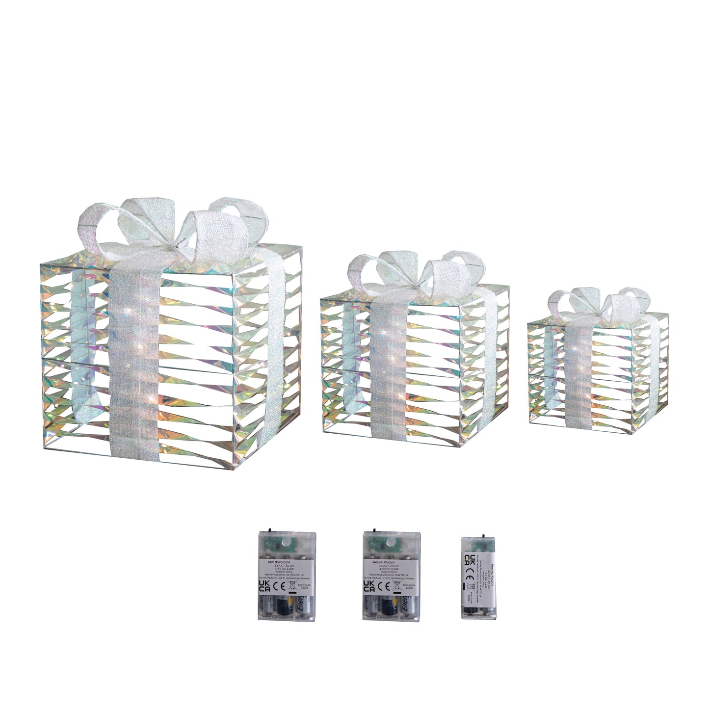 30cm Set of 3 Battery Operated Light up Star Shimmer Christmas Parcels with 90 Warm White LEDs