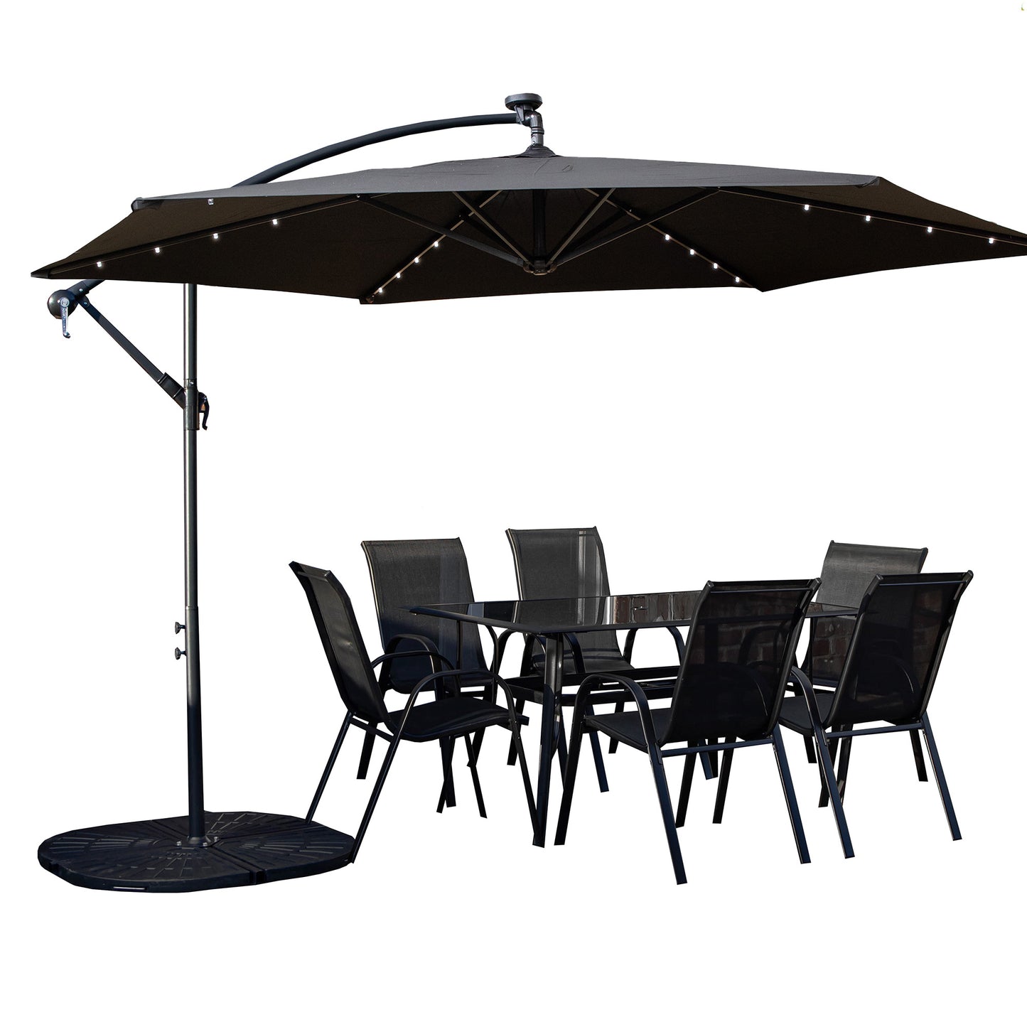 Outdoor 6 Person Rectangular Glass Top Garden Dining Table Chairs With Black Banana Lit Parasol and Base