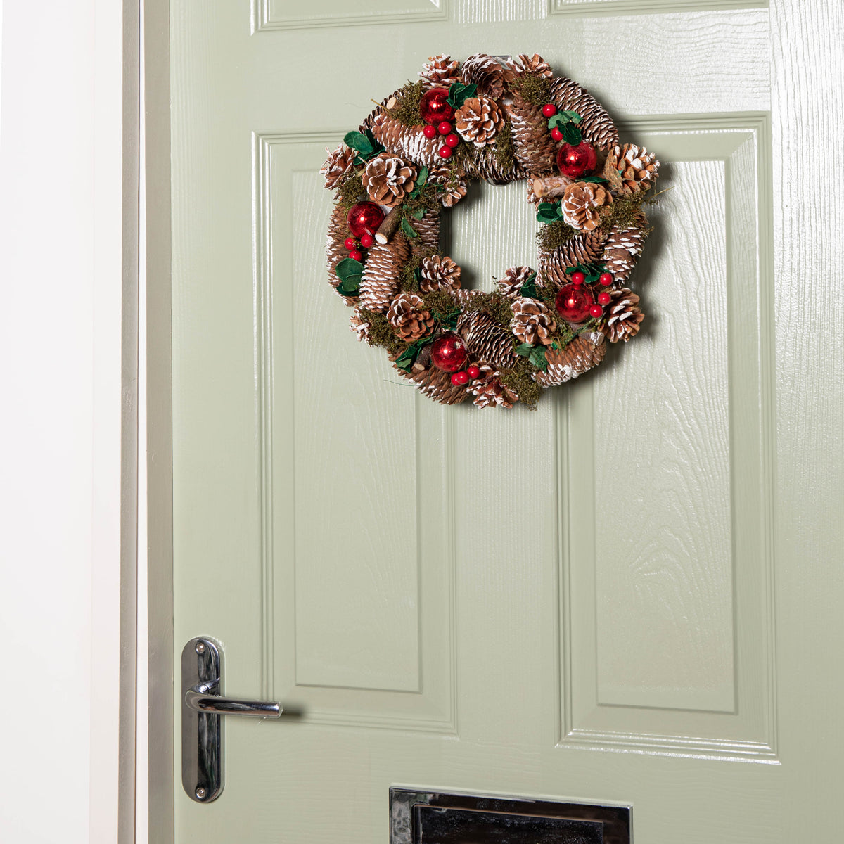 36cm Hanging Christmas YuleFest Wreath with Red Baubles & Snow Tipped Pine Cones
