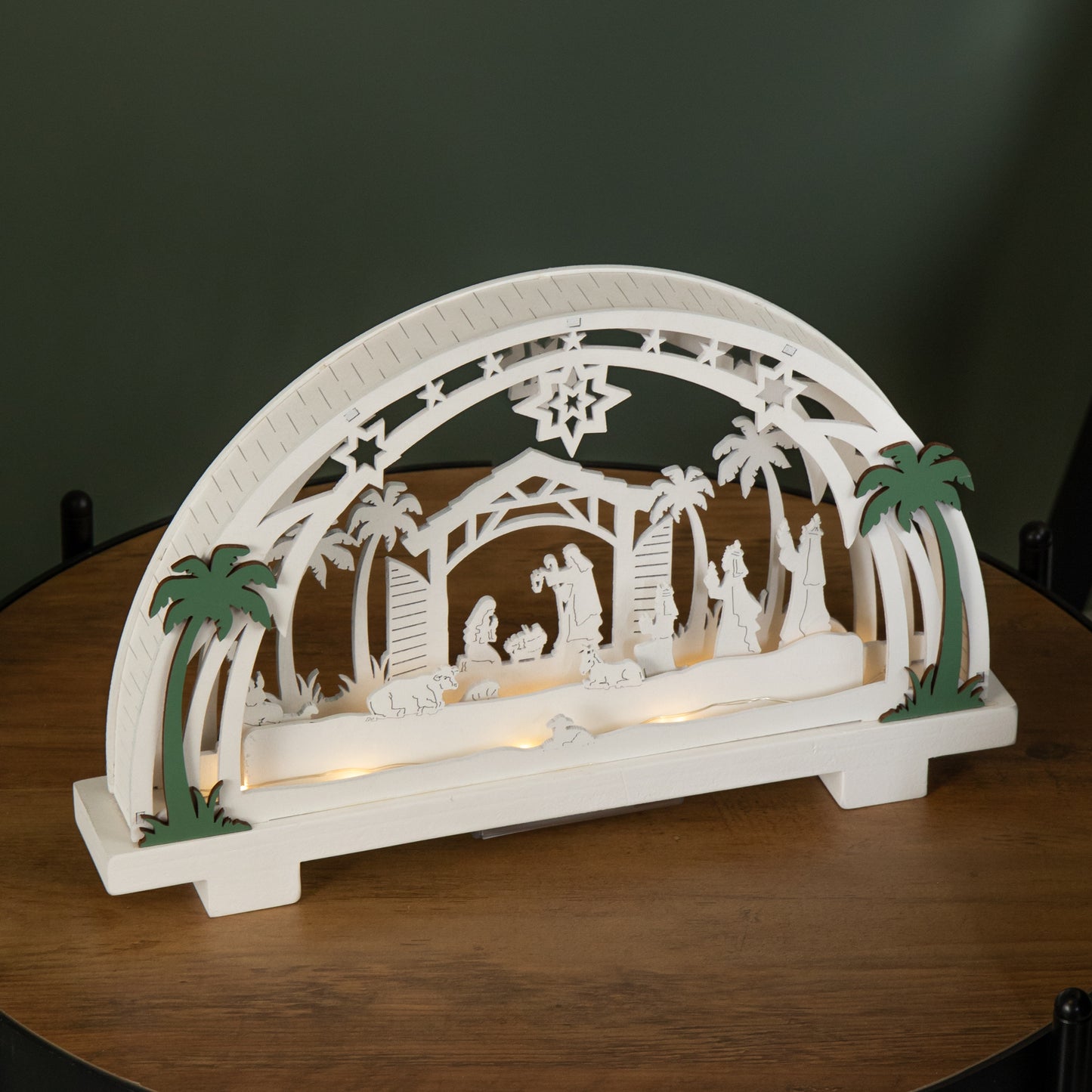 20cm Battery Operated Warm White LED Wooden Arch Nativity Scene Christmas Decoration