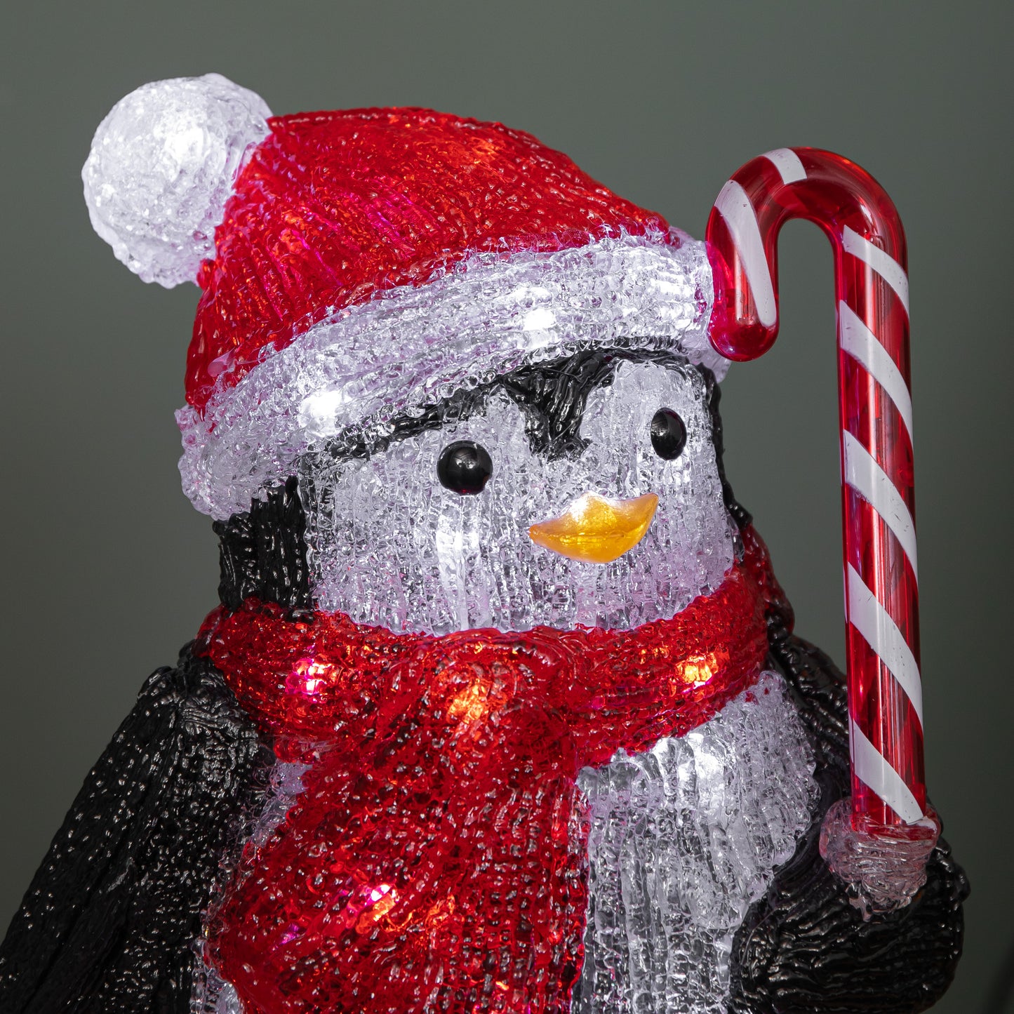 30cm Light up Acrylic Christmas Penguin with Candy Cane Decorations & White LEDs