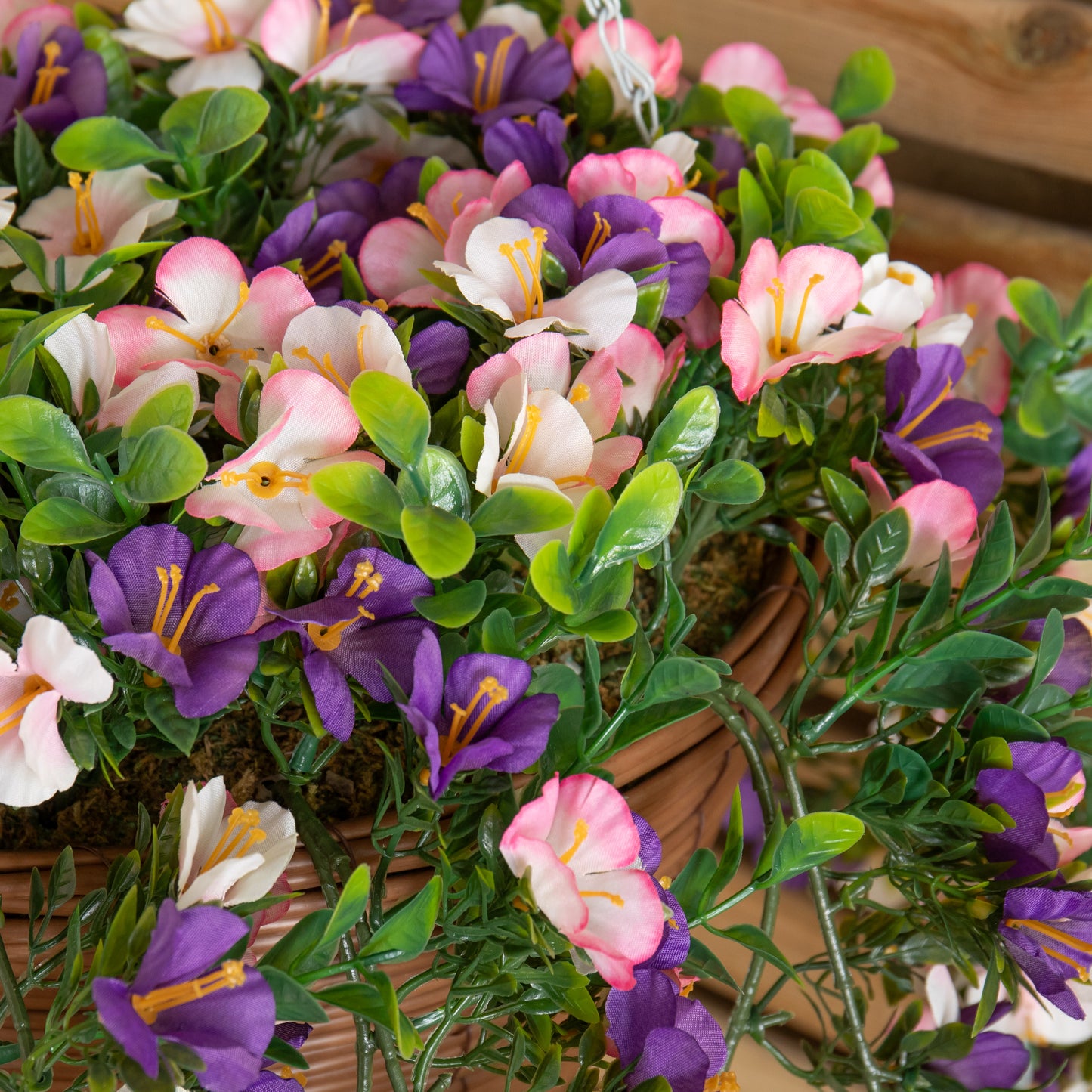 Large Outdoor Artificial Hanging Flower Basket with Petunias and Removable Chain