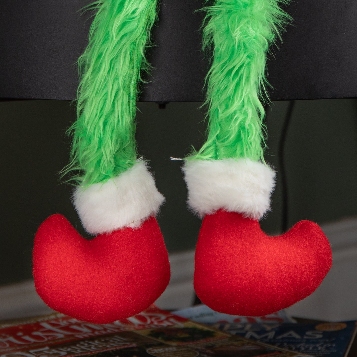 35cm Soft Green Fur Christmas Sitting Gronk Decoration with Santa Hat