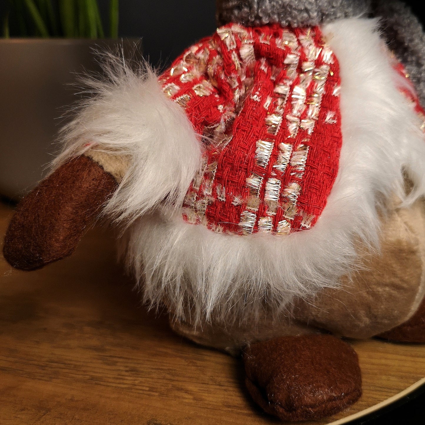 38cm Plush Reindeer Christmas Decoration with Hat and Scarf in Red