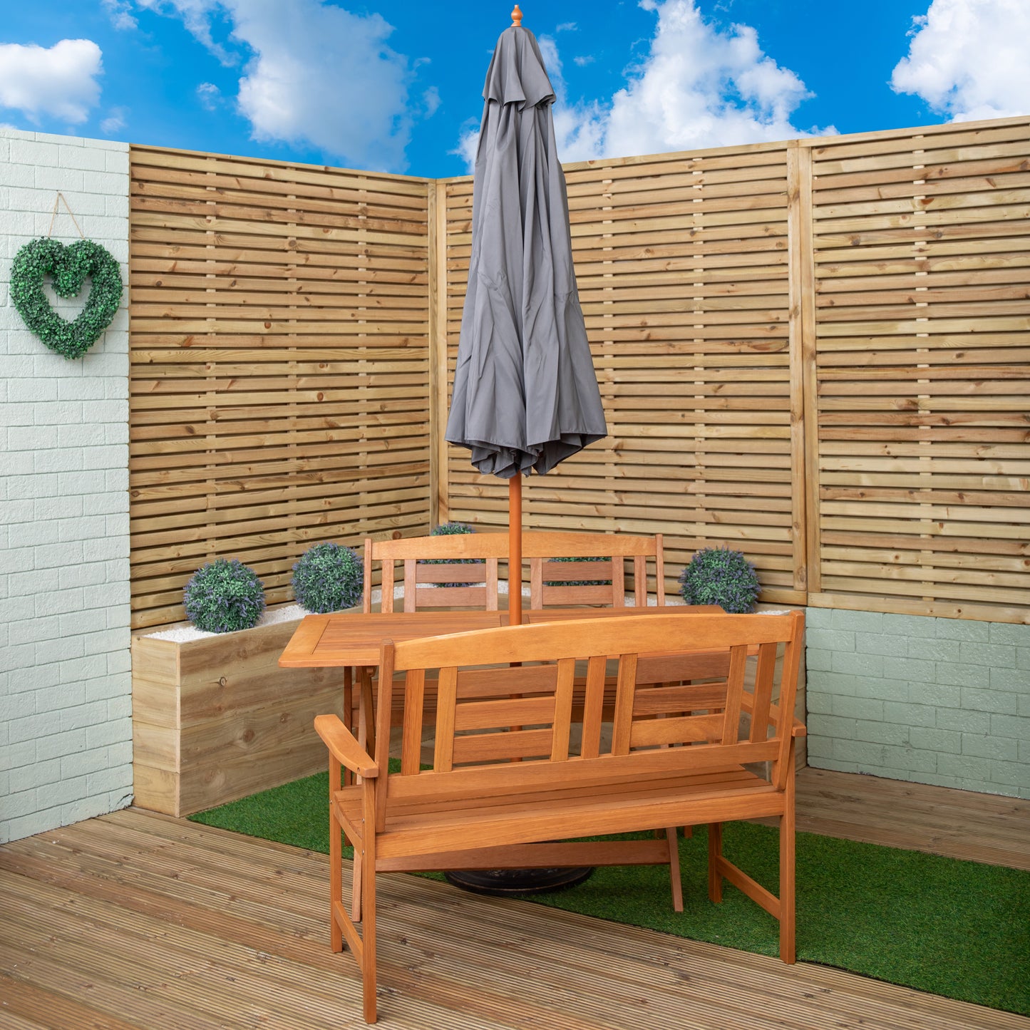 Outdoor 4 Person Folding Rectangular Wooden Garden Dining Table Benches Grey Parasol and Base Set