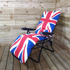 Pack of Two Union Jack Sunloungers Padded Outdoor Garden Patio Recliners / Sun Loungers Garden Relaxers and Black Glass Folding Side Drinks Table