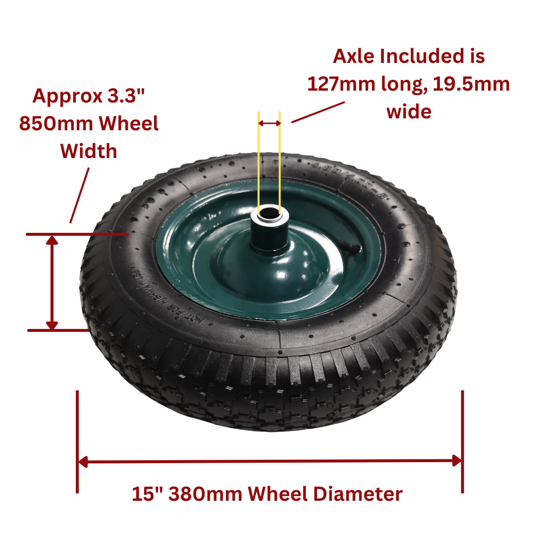 Replacement 15" x 3.4" Pneumatic Heavy Duty Garden Wheelbarrow Wheel & Axel In Green